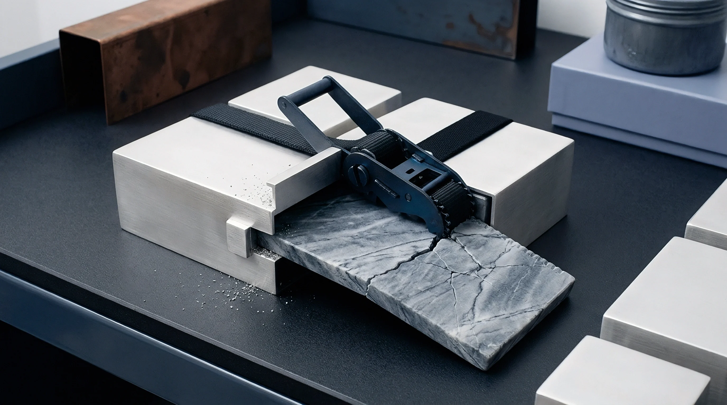 A grey marble tile is fracturing while held within a metal fixture and compressed by a heavy duty ratchet strap on a dark table surface.