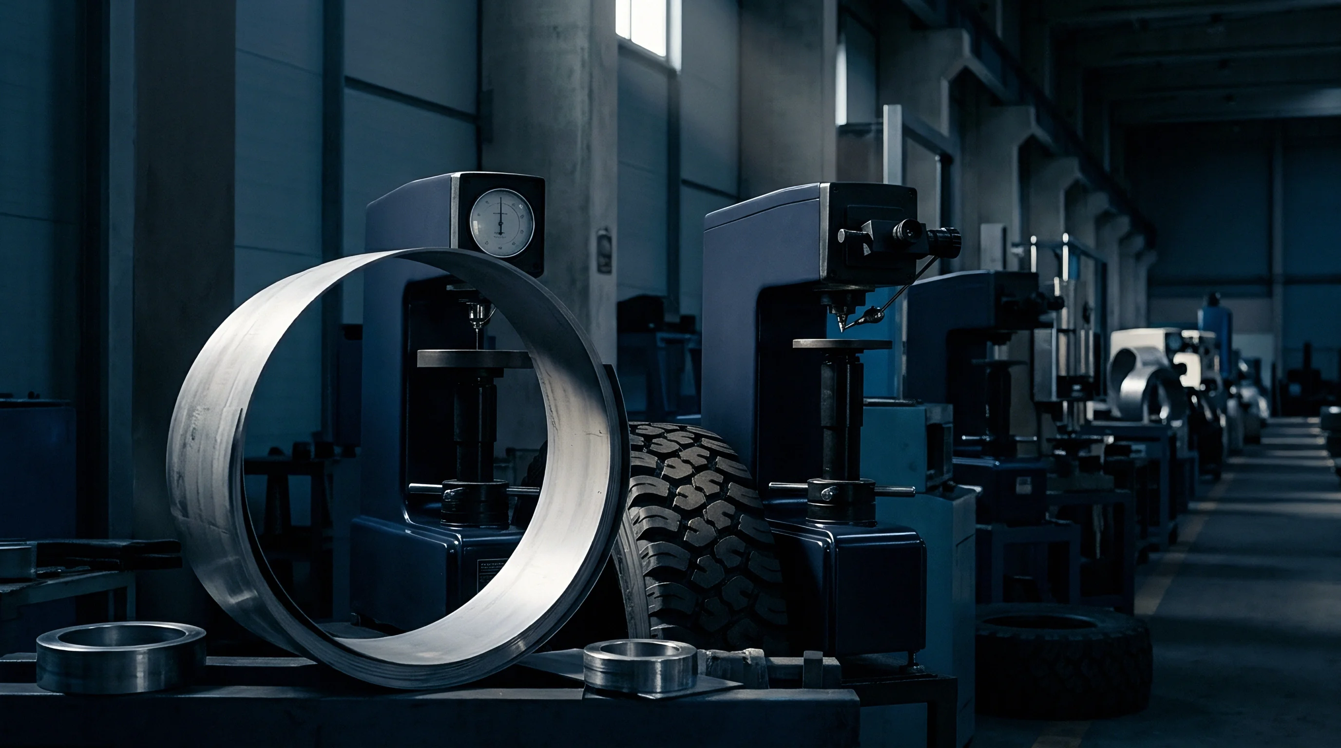 Large machined metal rings and industrial measurement stations sit on a workbench within a dim workshop floor alongside heavy vehicle tires.