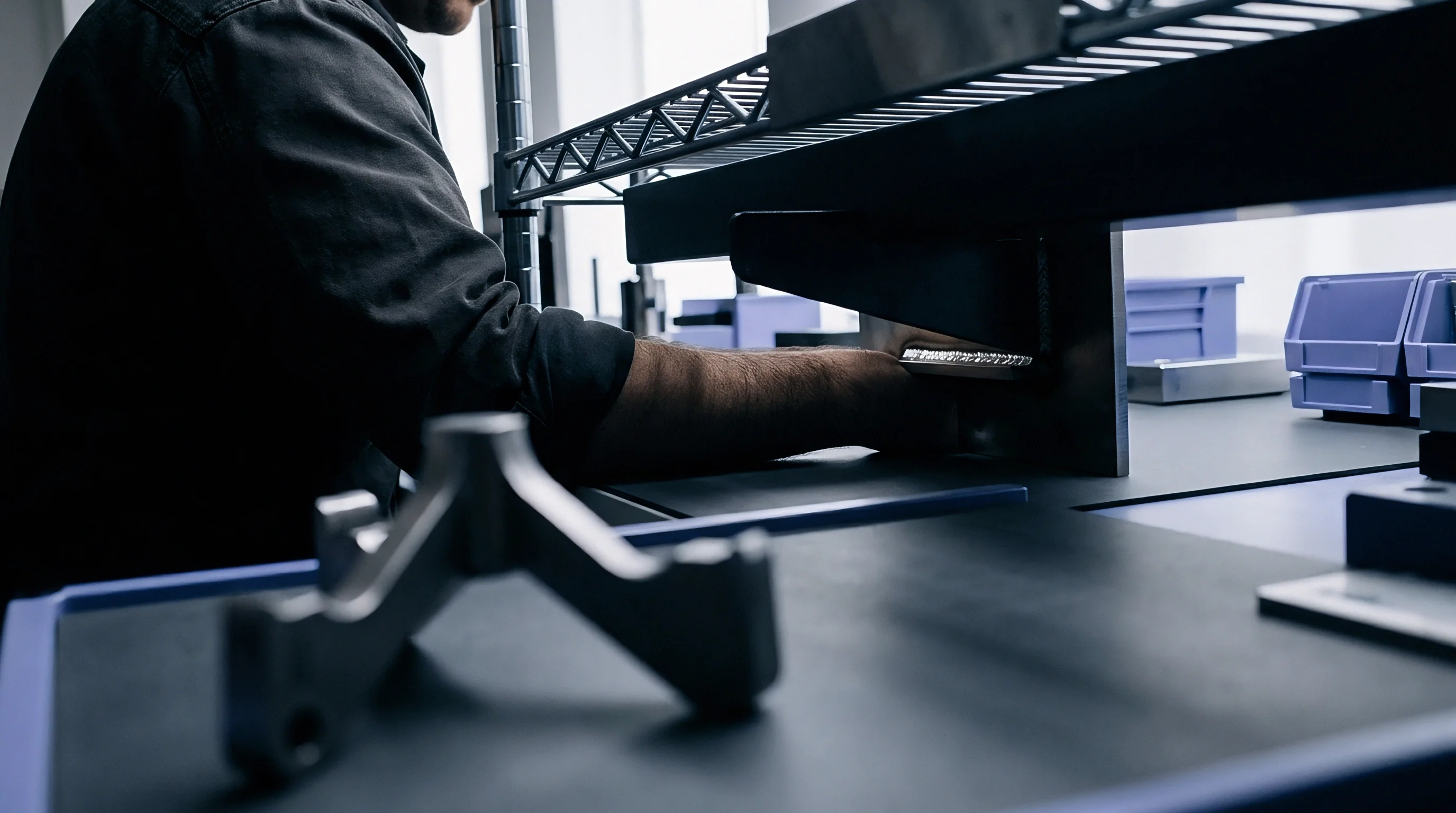 A technician manually positions a machined metal component at an organized workstation surrounded by production storage bins and assembly jigs.