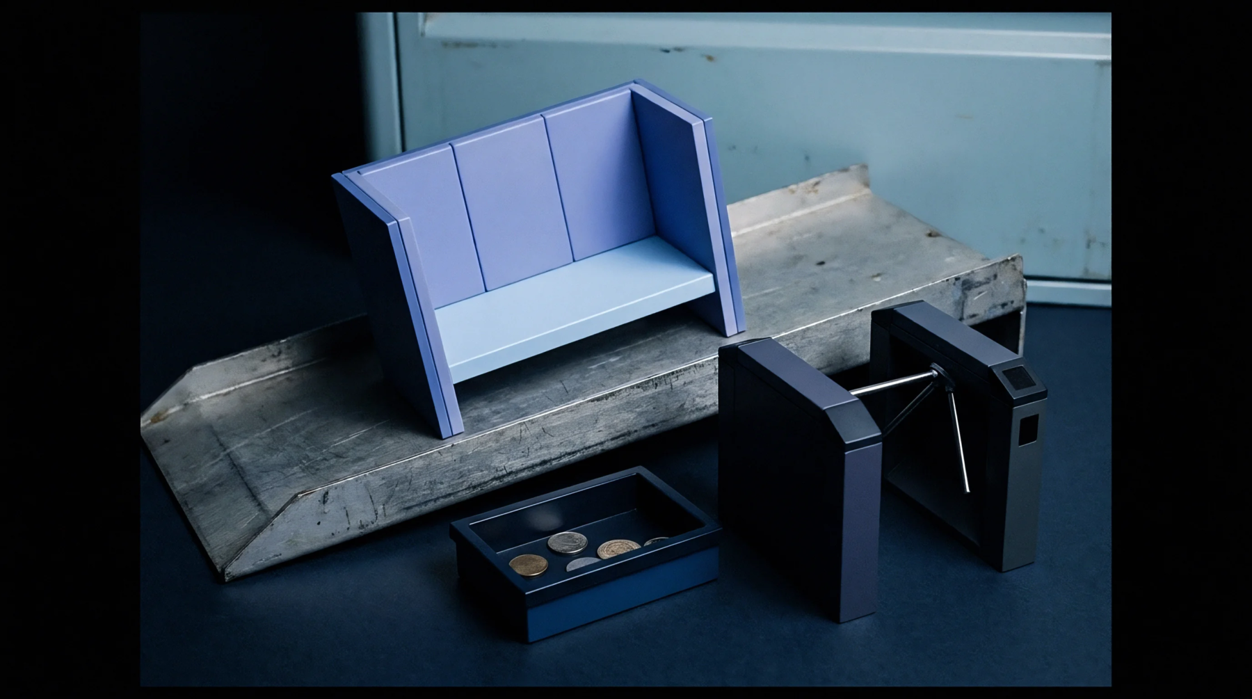 Scale models of industrial workstations and metal ramps rest on a dark surface during operational layout planning.