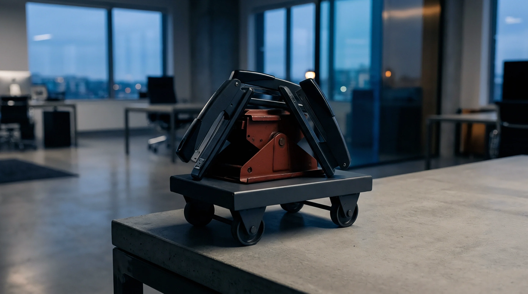 A small metal platform cart holds several office staplers arranged like roof trusses on a concrete workbench inside an empty office space.
