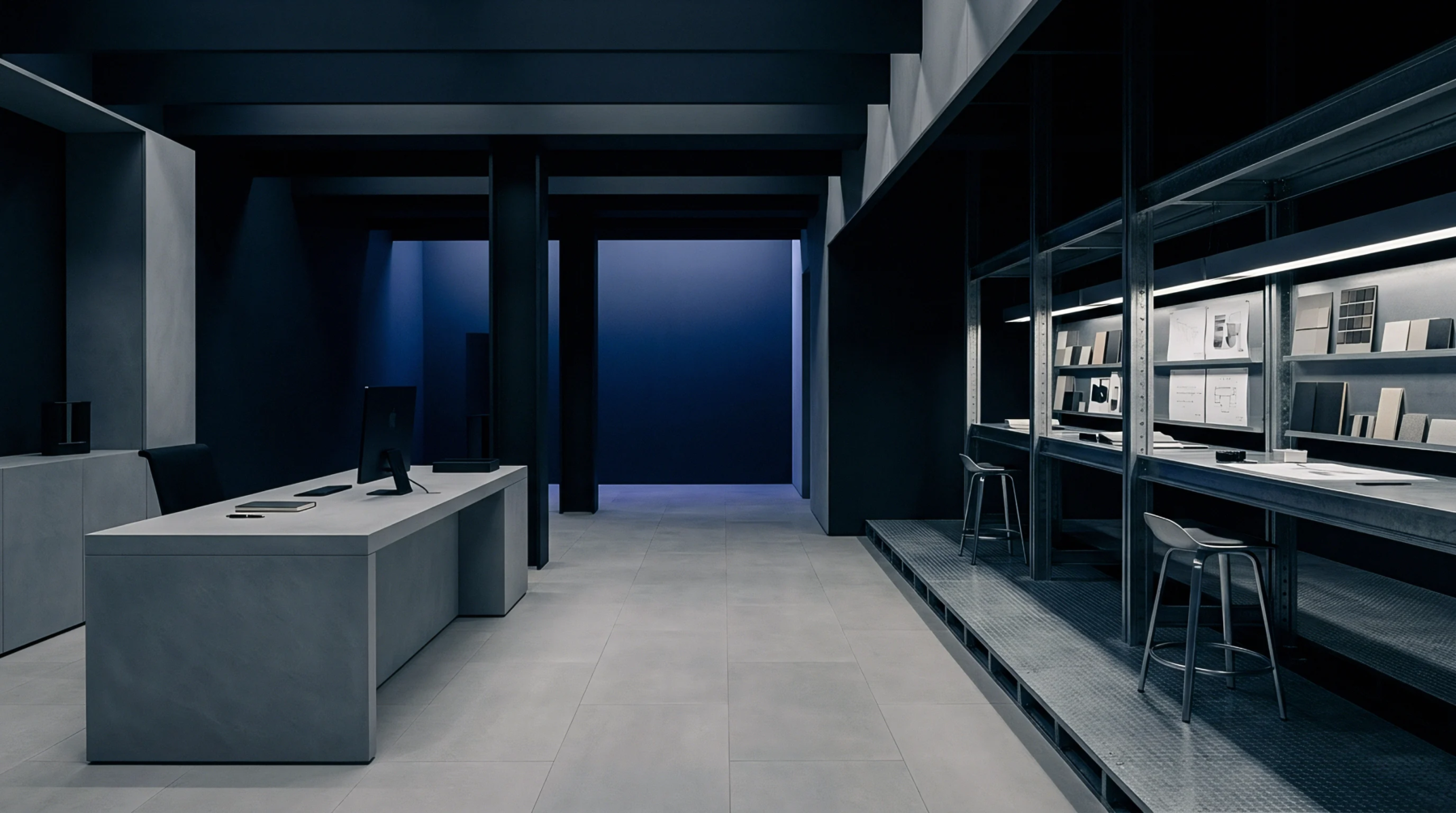 Minimalist design studio interiors feature expansive concrete workstations and modular metal storage racks displaying varied material swatches and technical manufacturing diagrams for industrial product development.