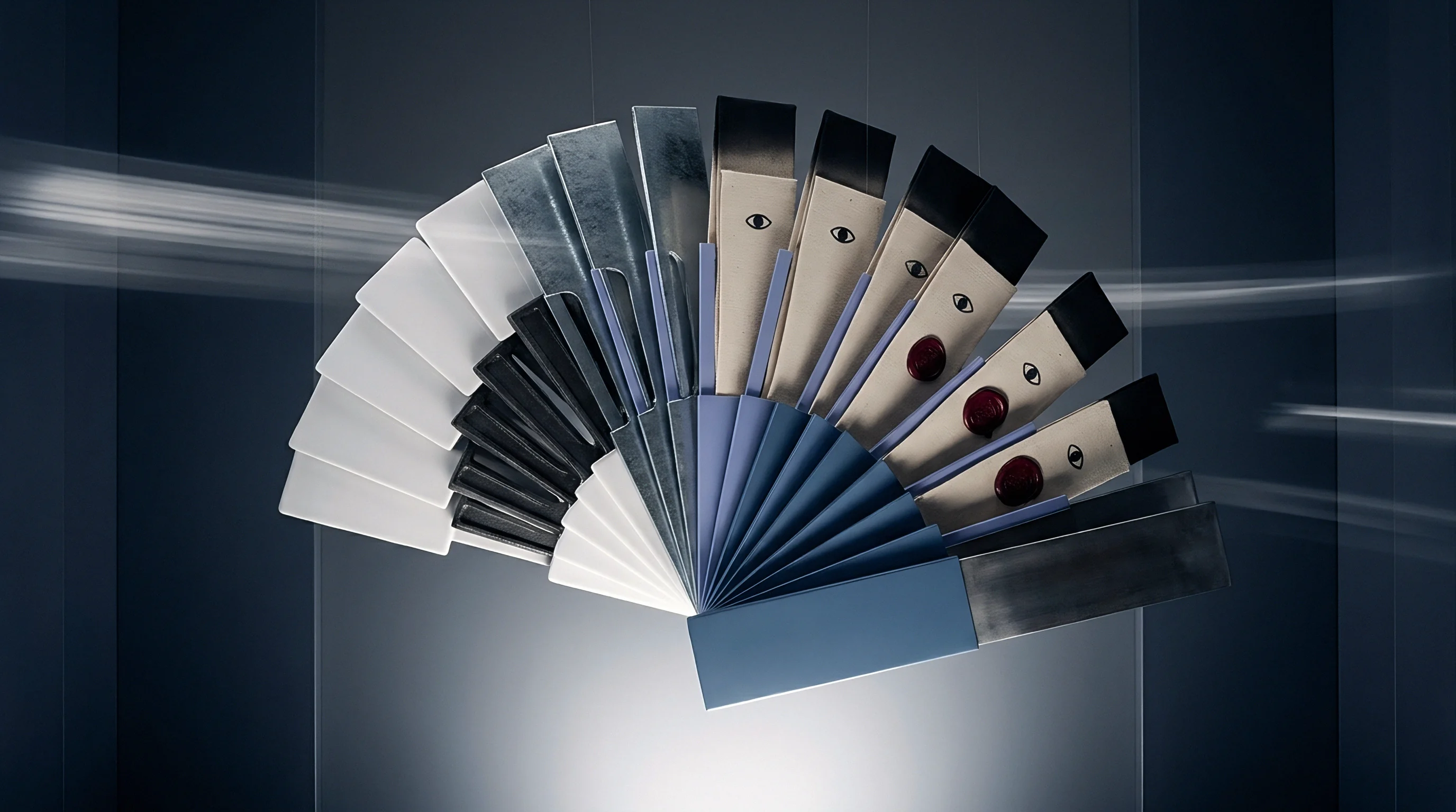 Suspended polymeric and metallic panels fan outward in a graduated sequence against a dark industrial background wall.