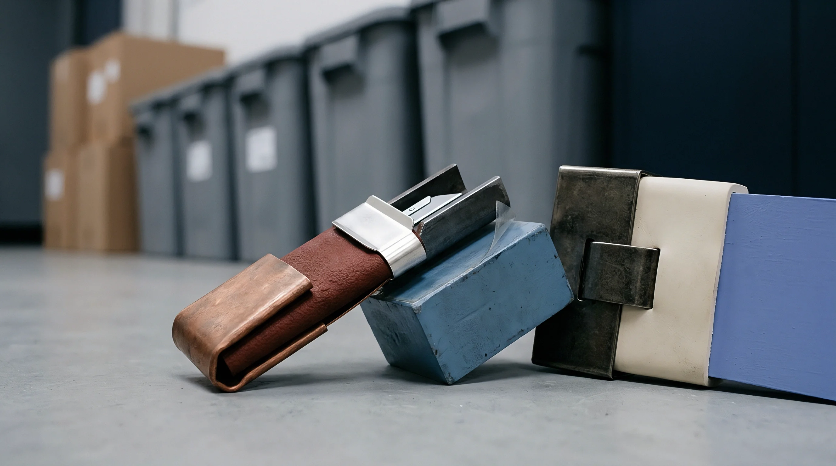 Custom machined metallic and polymeric components rest on a concrete warehouse floor amid industrial storage containers and packaging boxes.