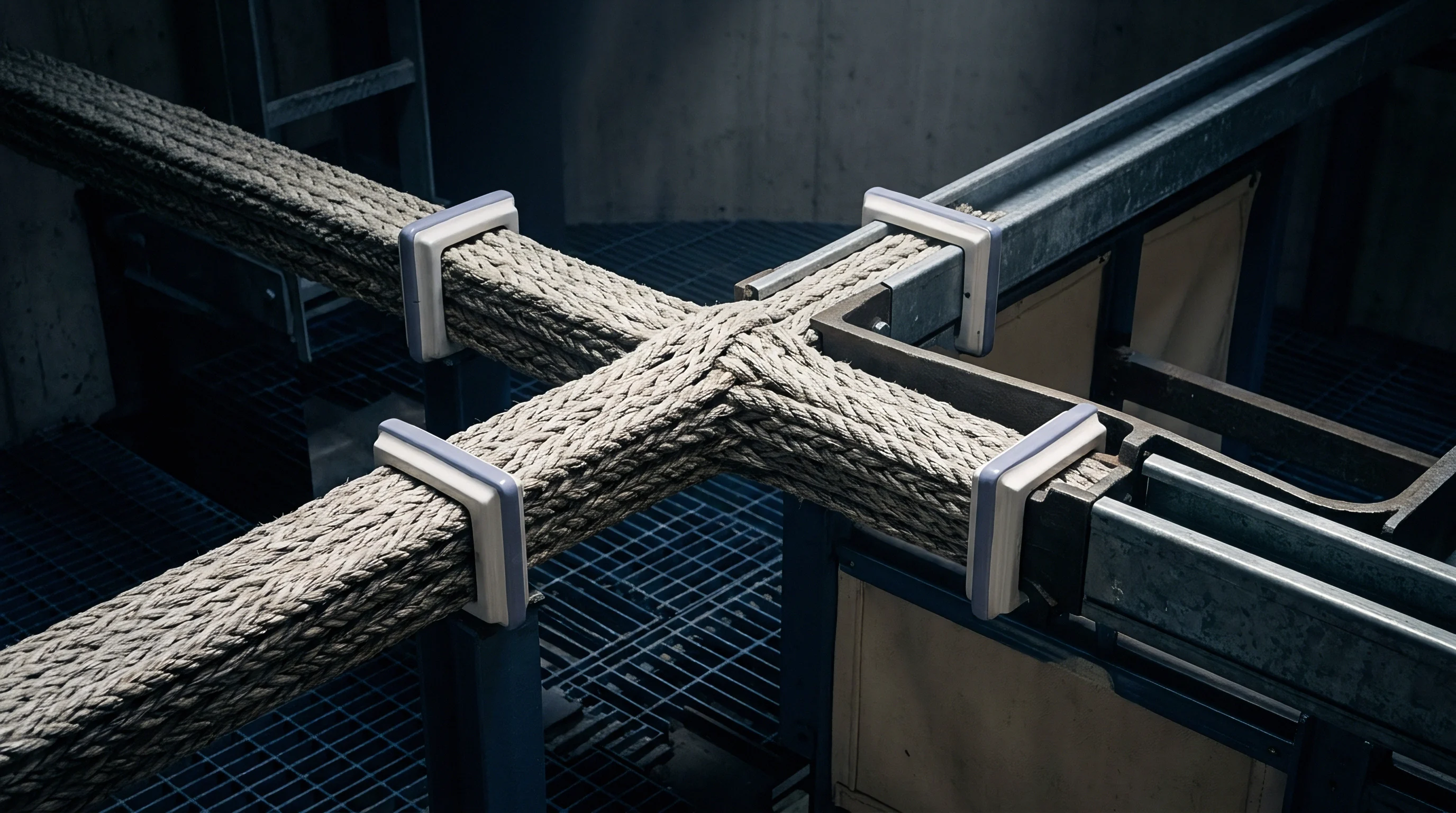 Braided fiber cables converge at a central hub within a metallic structural frame situated above a steel mesh industrial grating floor.