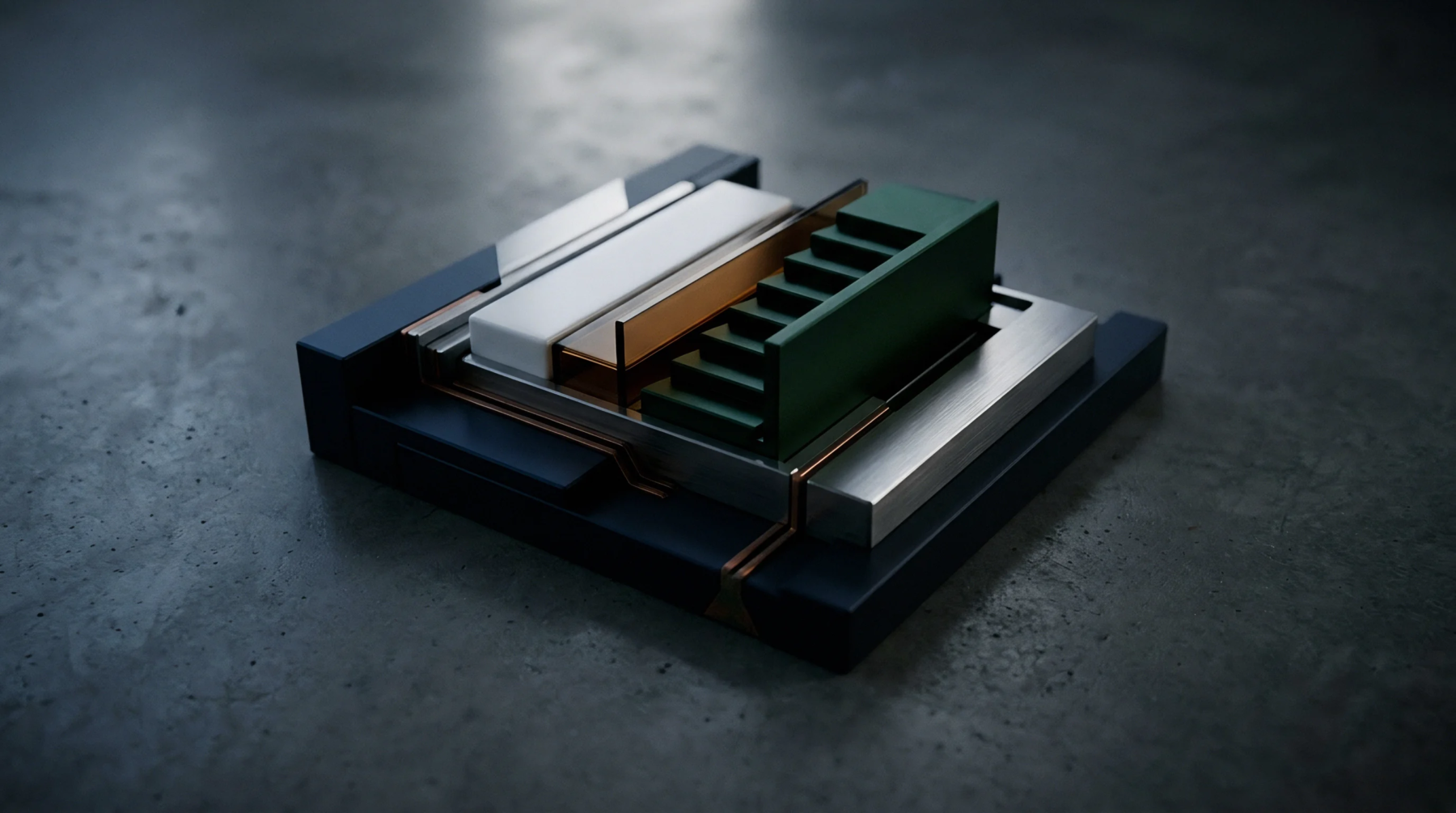 Brushed aluminum, translucent resin, and dark composite materials form a modular industrial component in a digital render on a textured surface.