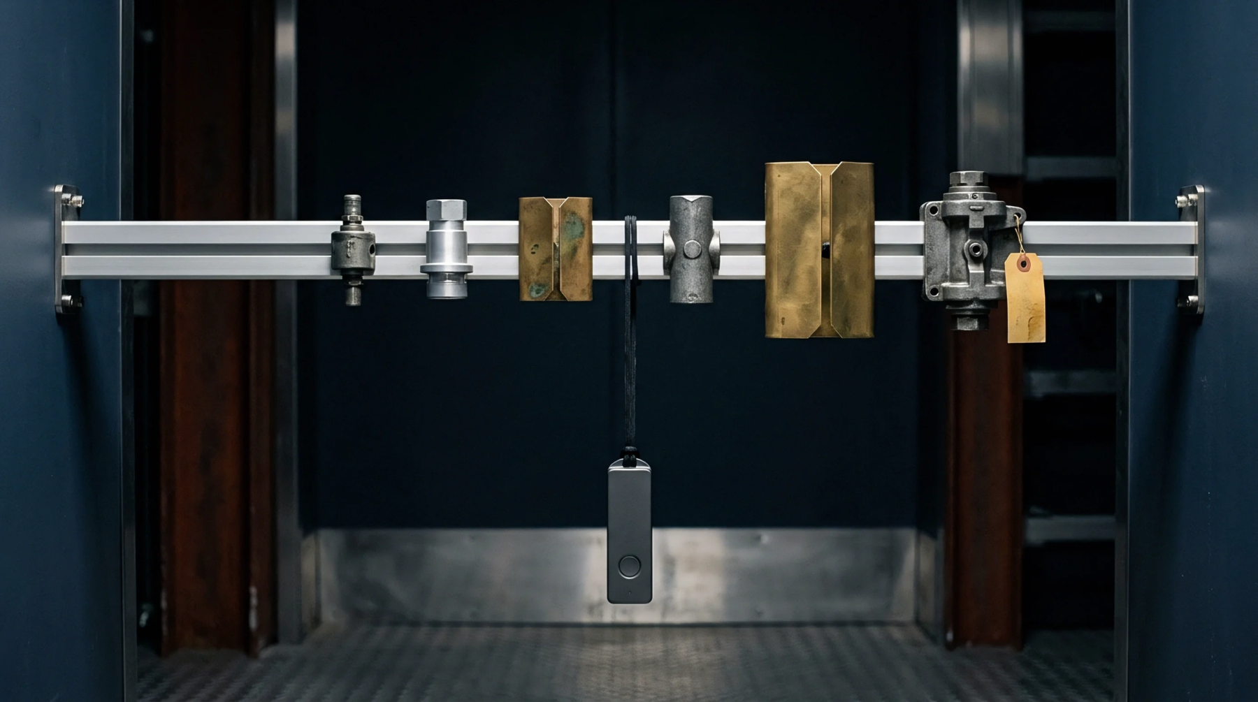 Industrial hardware components hang from a horizontal aluminum rail mounted against a dark background in a controlled production environment.