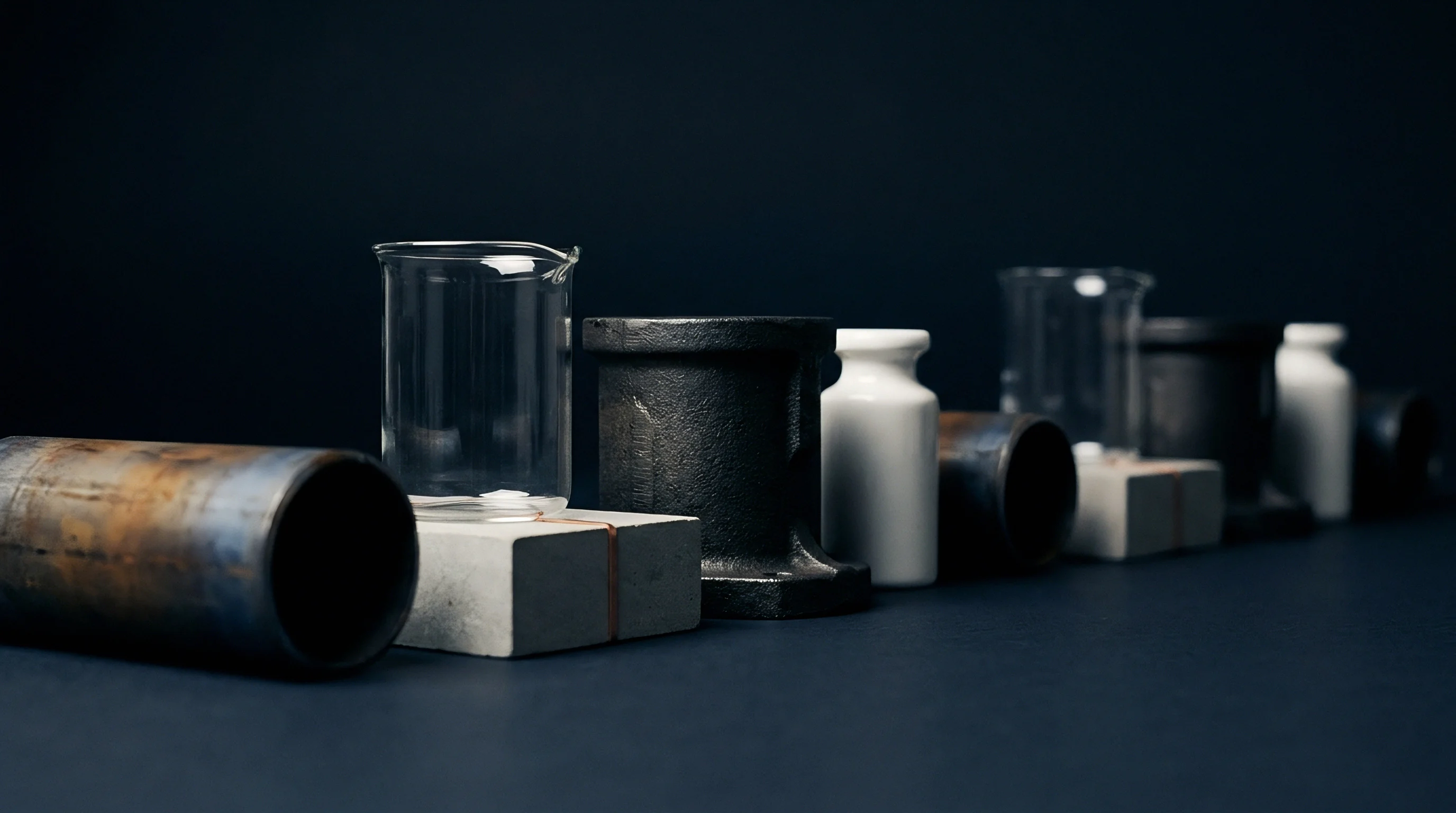 Laboratory glassware rests alongside industrial metal pipe fittings and white ceramic containers upon modular grey composite blocks arranged for assembly.