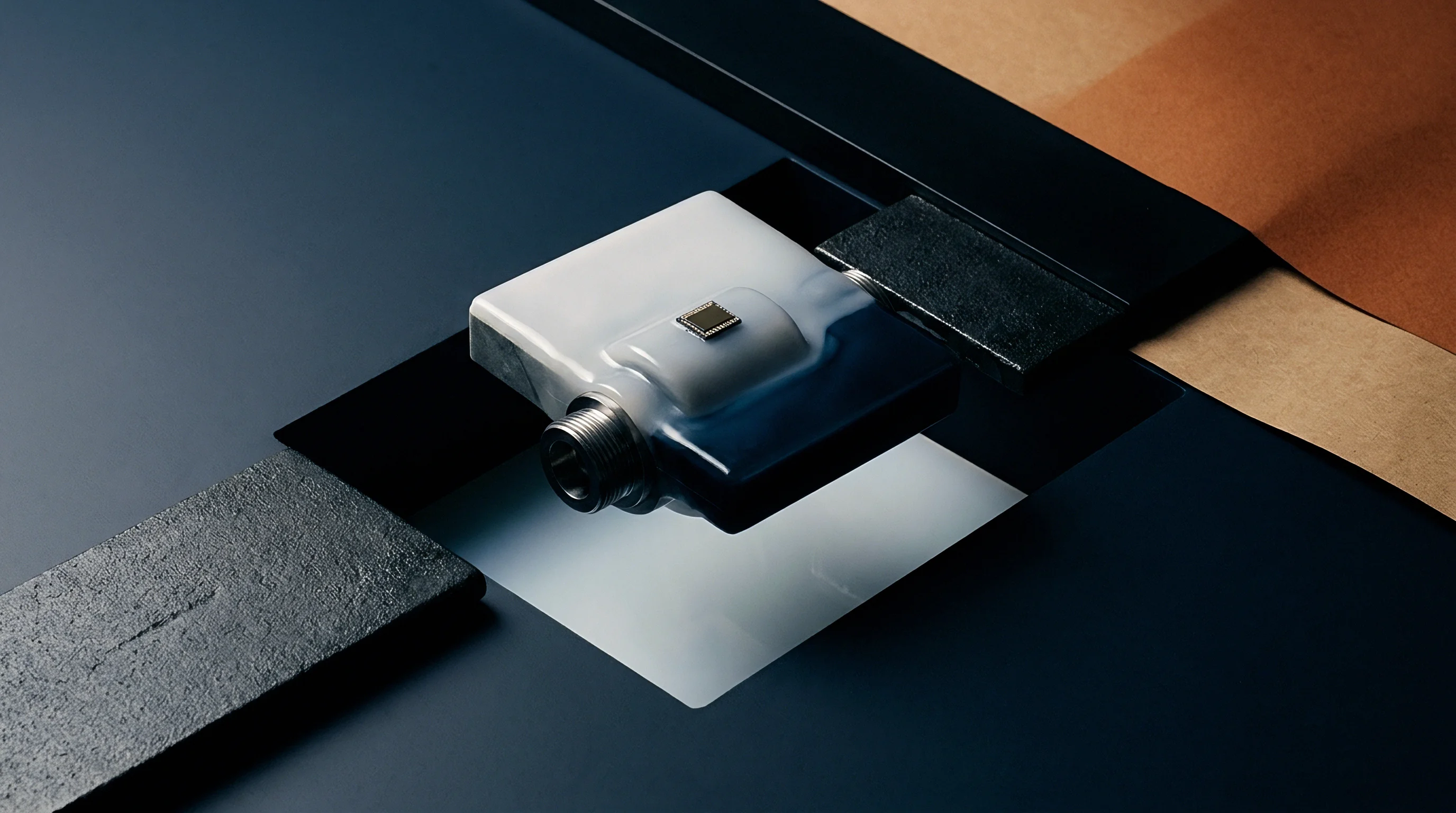 A digital render presents a modular industrial hardware assembly featuring encapsulated circuitry integrated within a geometric dark surface.