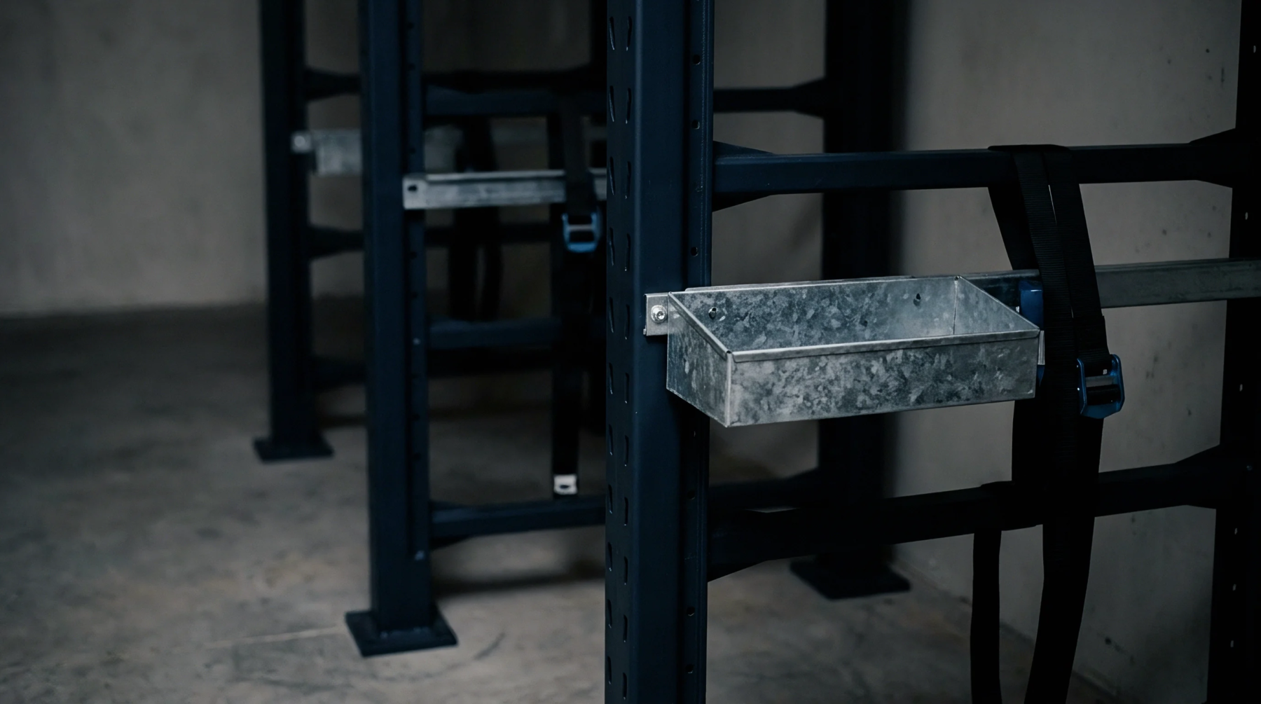 Galvanized metal bin attached to black coated steel racking frame stands in a dimly lit warehouse space awaiting inventory organization tasks.