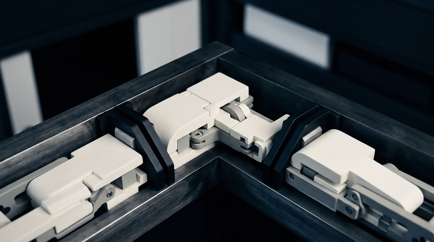 White polymer modular links sit within a dark metallic track system in a 3D render of automated industrial material handling operations.