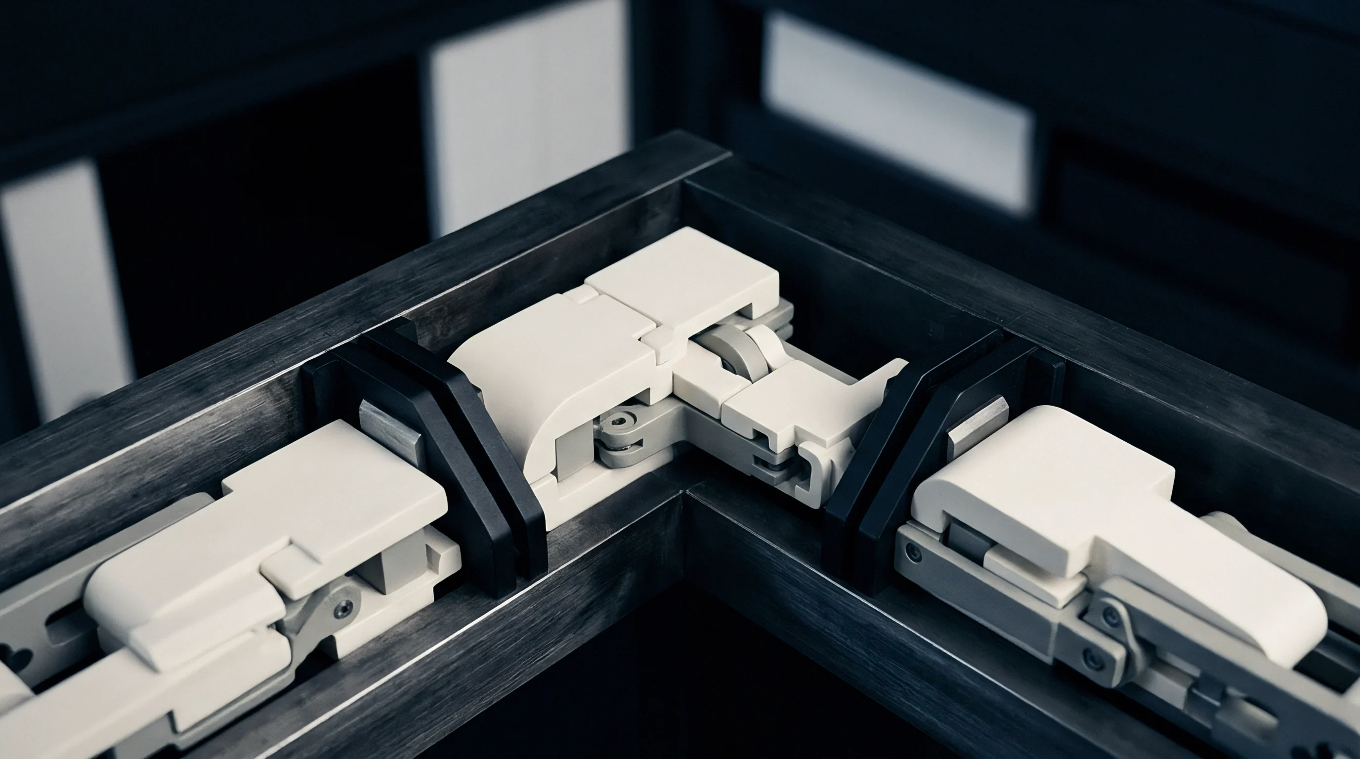White polymer modular links sit within a dark metallic track system in a 3D render of automated industrial material handling operations.
