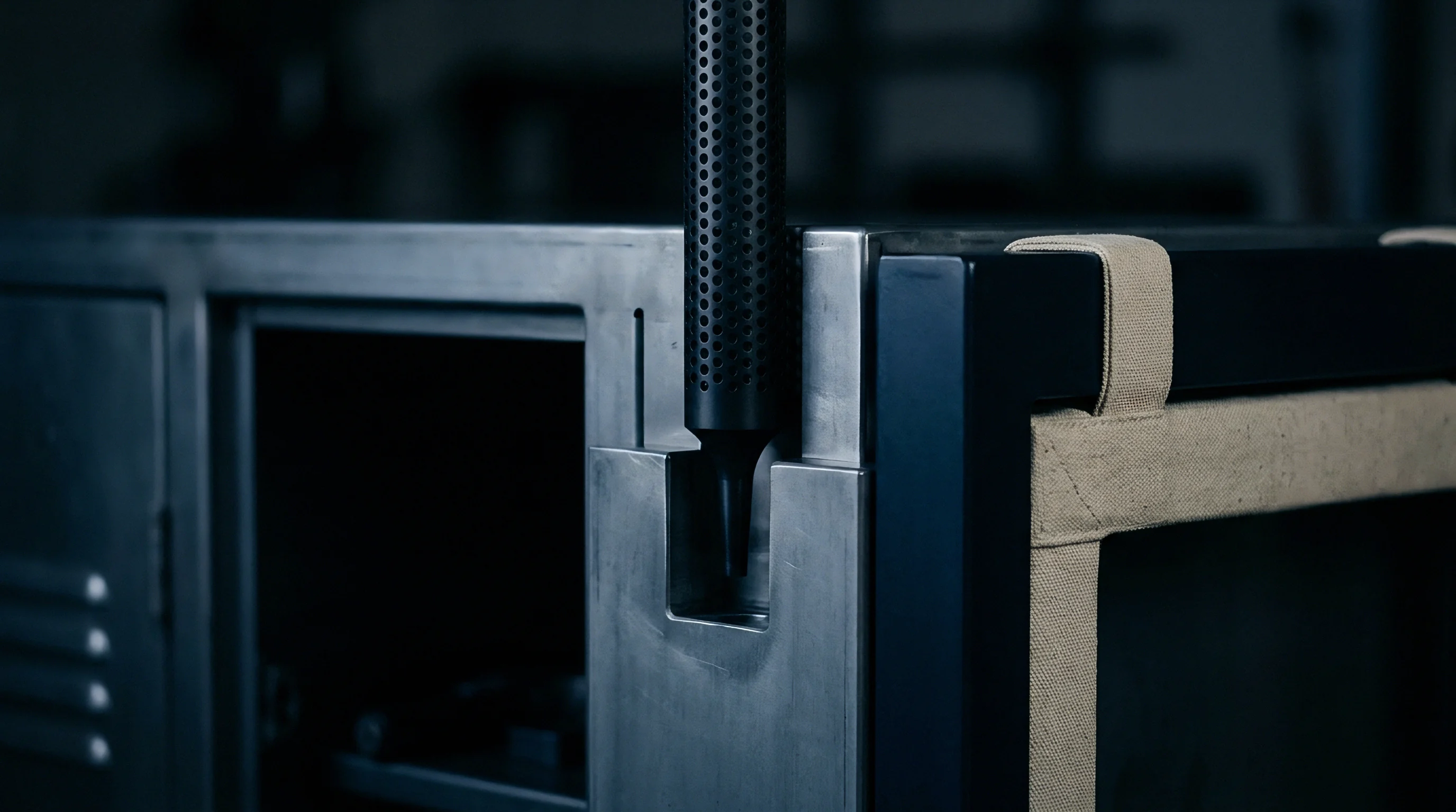 Brushed steel modular workstation frames feature perforated metal components and heavy duty textile straps within a production facility setting.