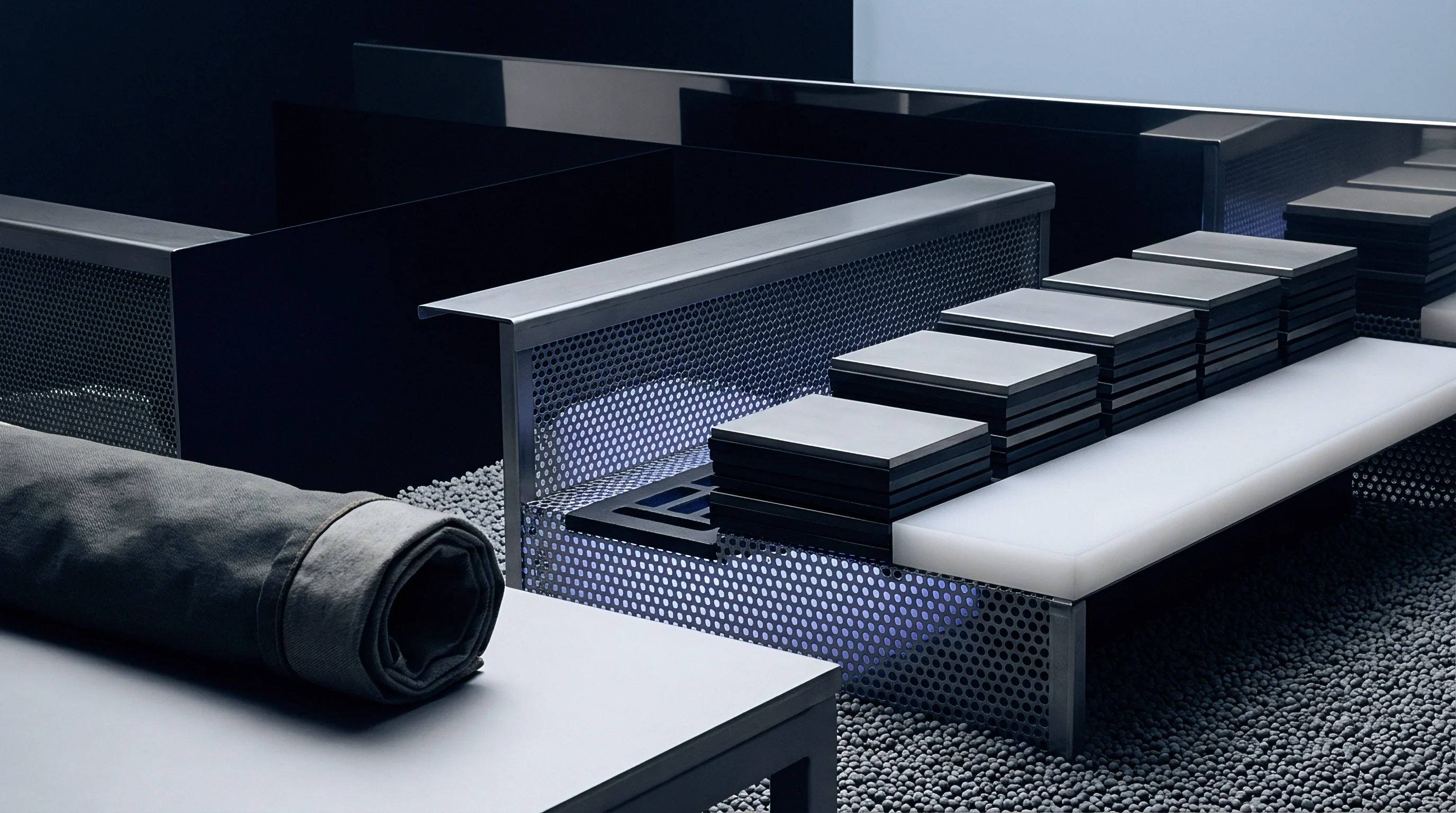 Perforated metal barriers surround stacked composite panels and a wound textile specimen positioned inside a modular industrial facility floor.