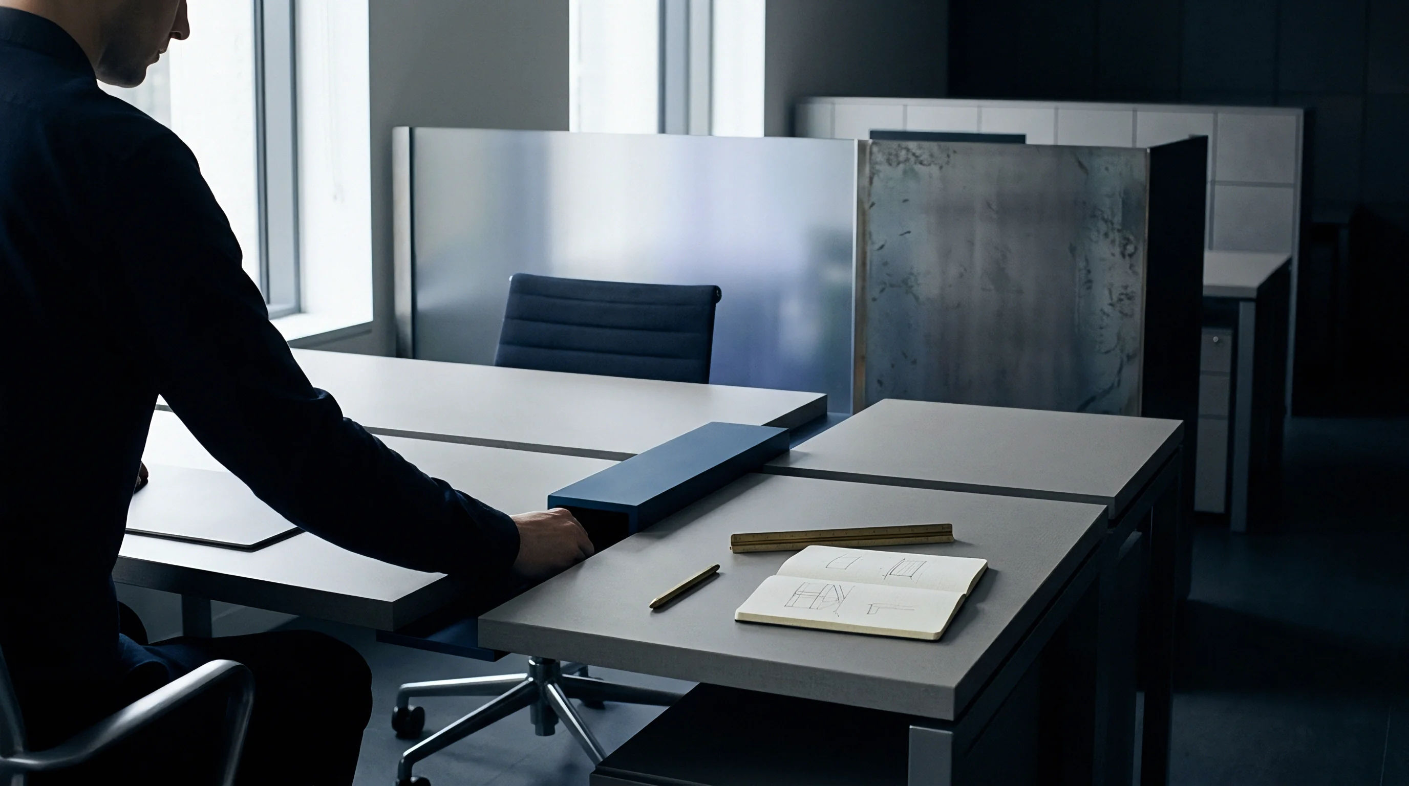A person interacts with a modular desk system featuring grey surfaces and blue cable management units within an industrial office setting.