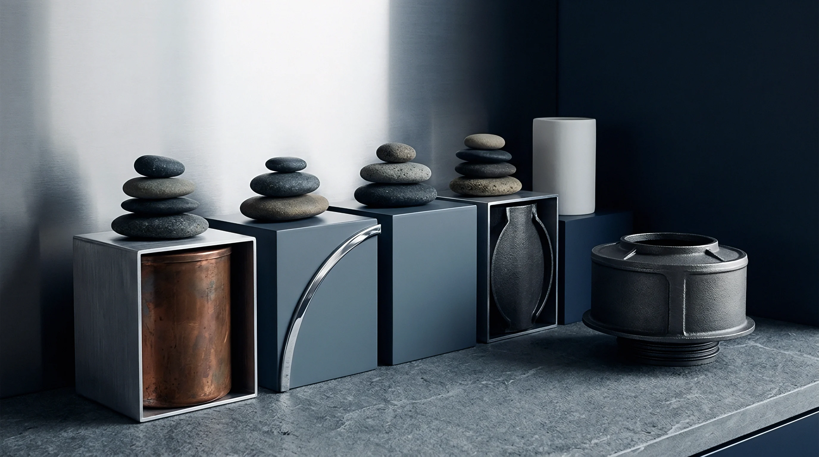 Modular metal and stone storage units aligned on a grey stone surface signify organized inventory management and systematic production capacity in a controlled industrial environment.
