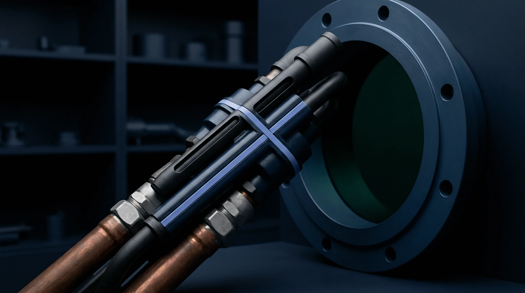 A modular distribution manifold assembly and copper piping interface a blue industrial bulkhead inside a dark facility in this digital render.