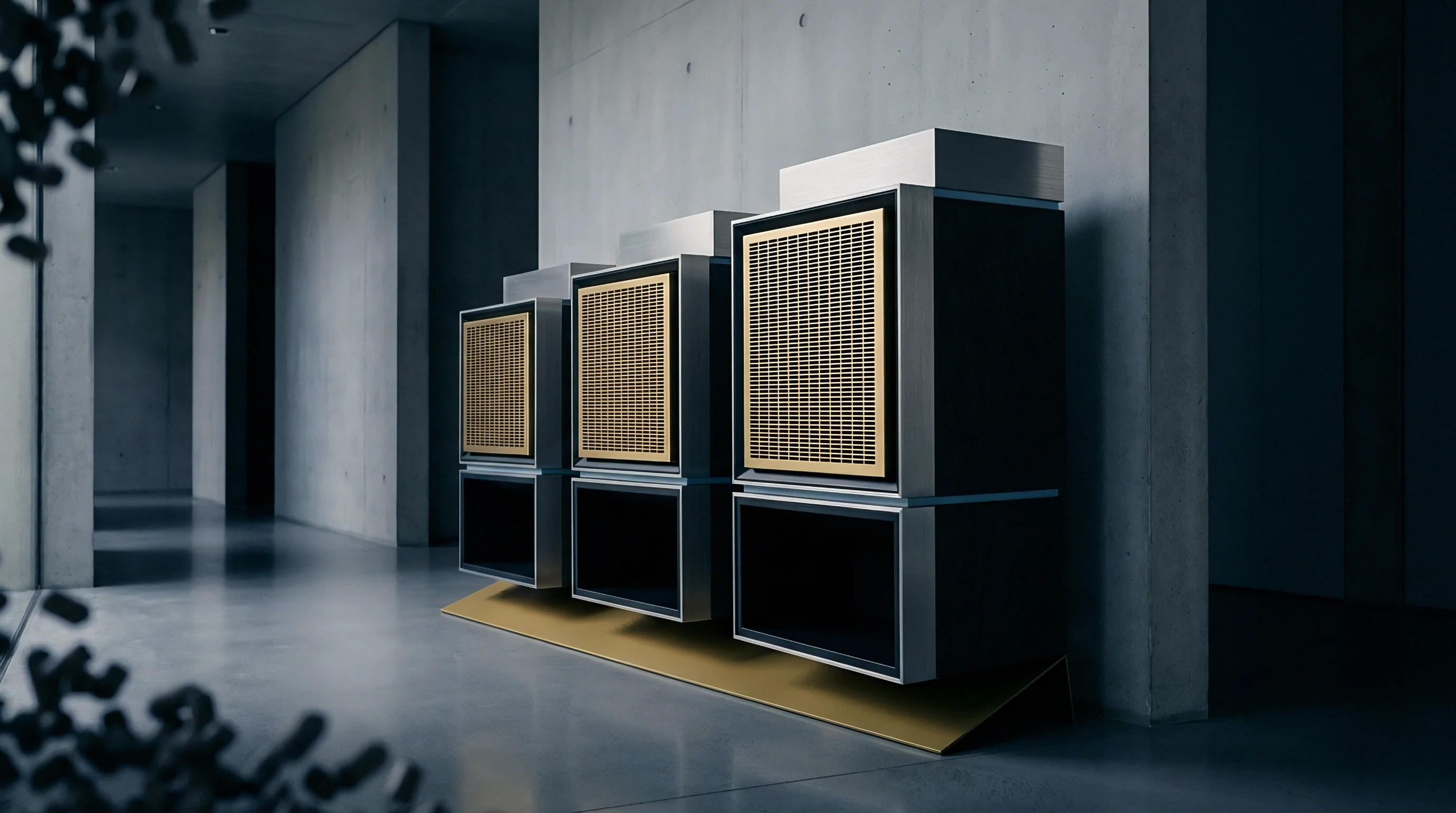 Four modular industrial units inside a digital render have metallic frames and perforated brass grilles aligned along a concrete hallway wall.