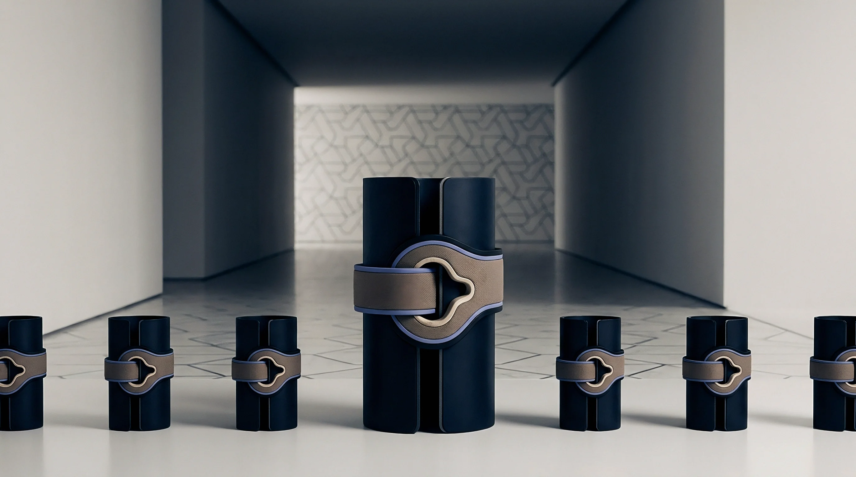 Rows of identical cylindrical modular units feature integrated latch fasteners within an expansive perspective architectural space designed for automated operations.
