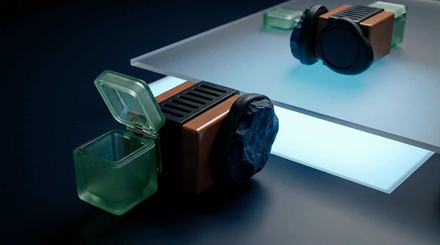 Digital renders of modular resin and metal industrial assembly units rest on illuminated glass surfaces in a production testing environment.