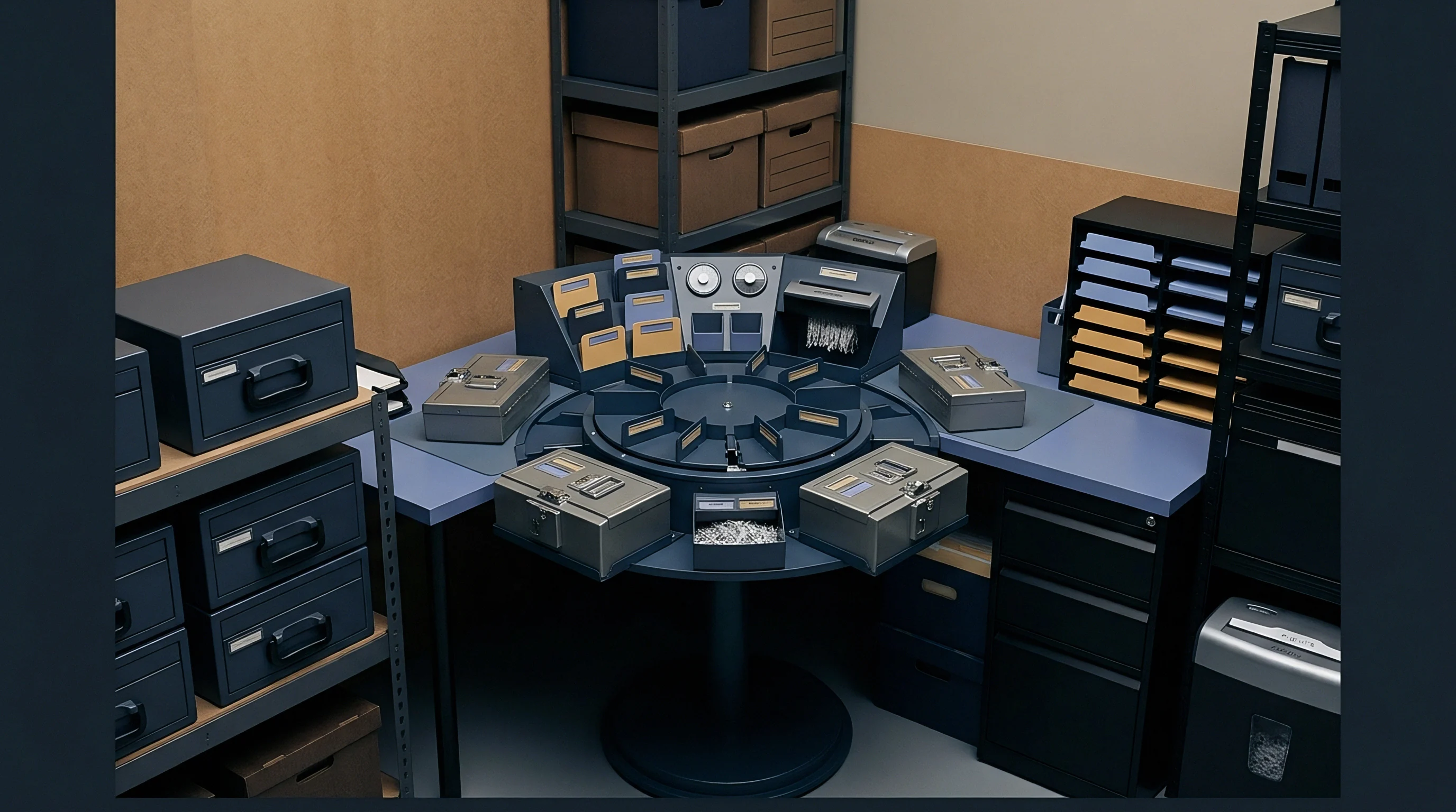 A digital render displays an organized grey industrial workstation featuring a central rotary sorting carousel surrounded by steel cases and storage shelves.