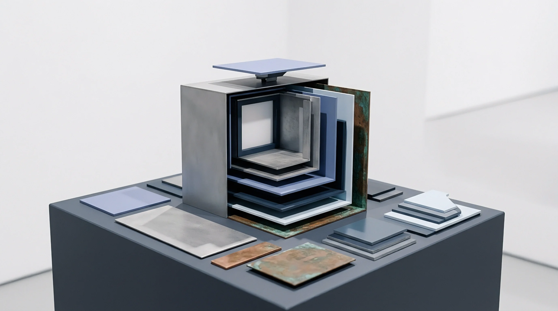 A structured metal and composite assembly model sits on a pedestal illustrating sequential layering of industrial parts within a minimalist studio environment.