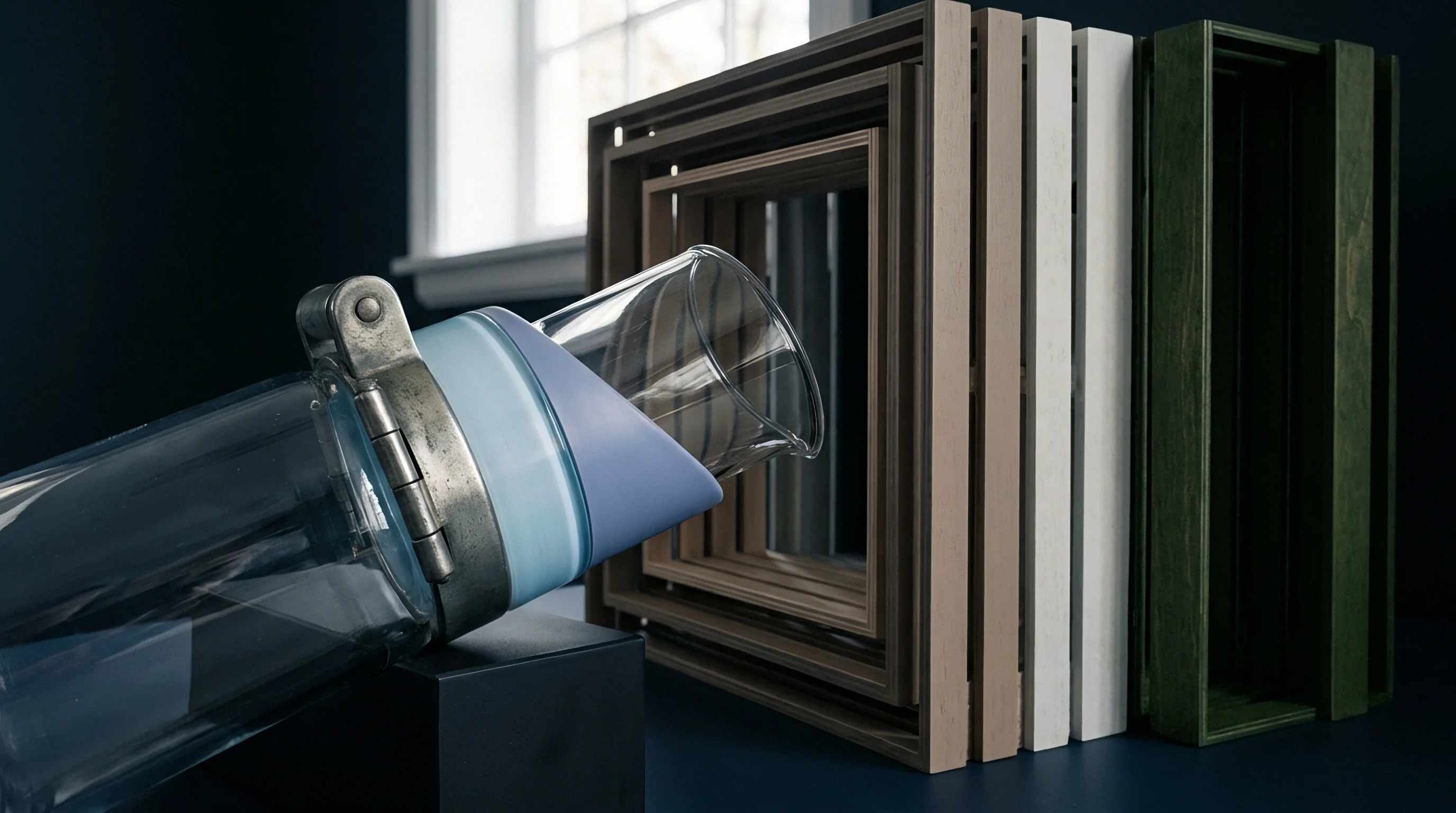A glass process vessel and nested wooden frames of varying sizes stand on a dark surface in an industrial setting.