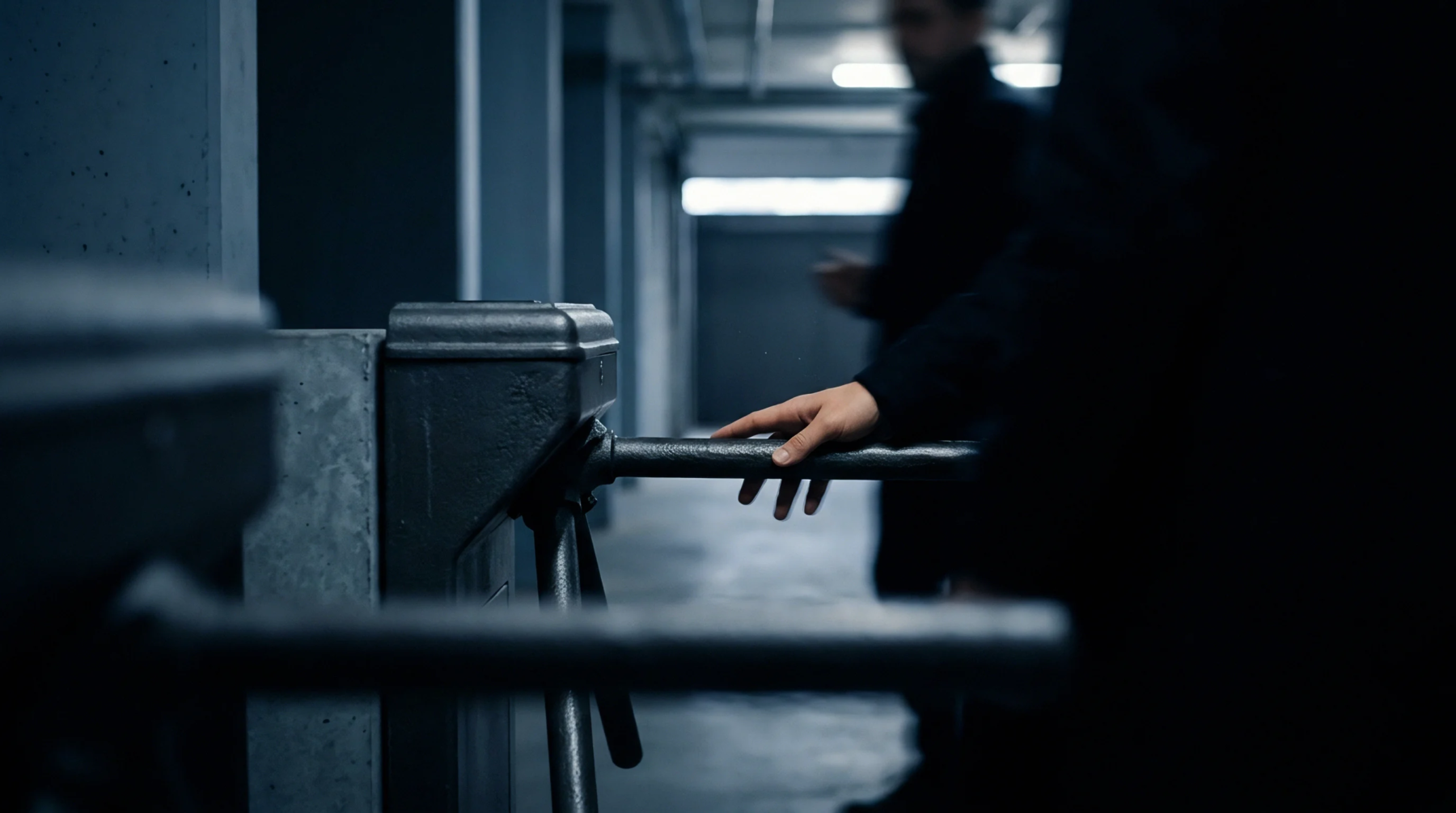 A human hand rests on the metal bar of a turnstile positioned in a dimly lit industrial corridor with a blurred figure walking ahead.