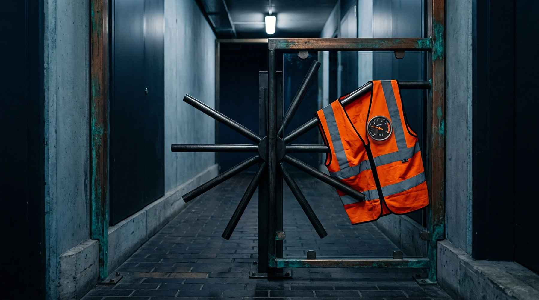 High-visibility vest and gauge are displayed on an industrial turnstile unit in a stark concrete corridor setting.