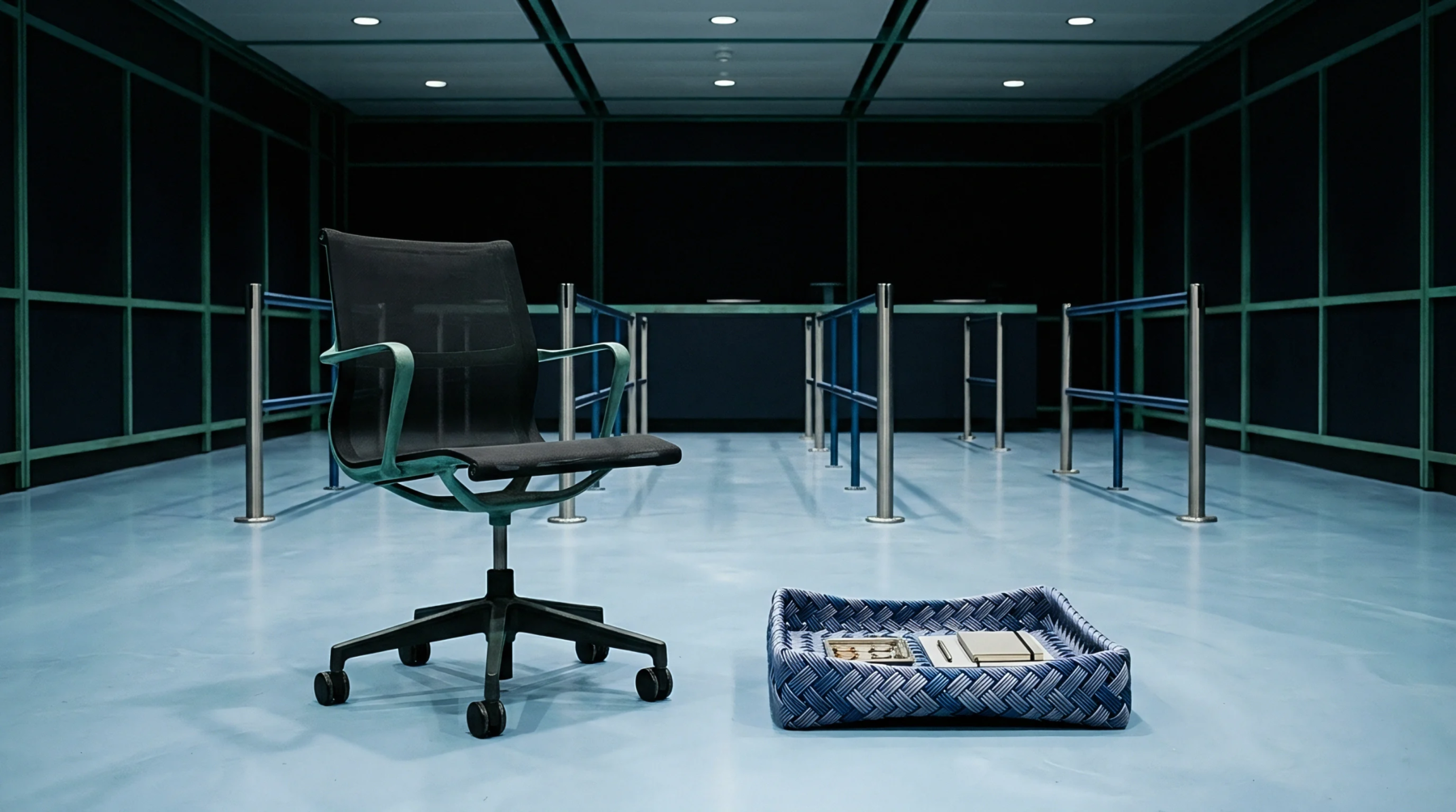 An office chair sits next to a tray of personal belongings on a blue floor before structured guide rails.