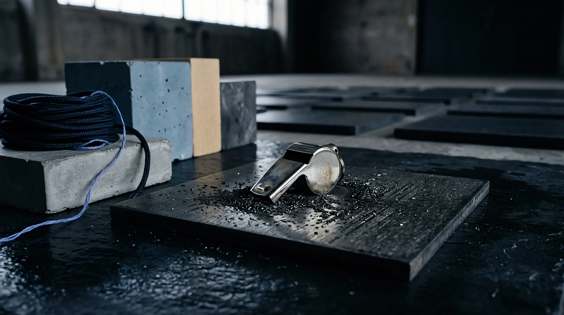 A polished metal whistle sits among metal shavings on a dark industrial surface, alongside coiled rope and concrete blocks in an open facility.