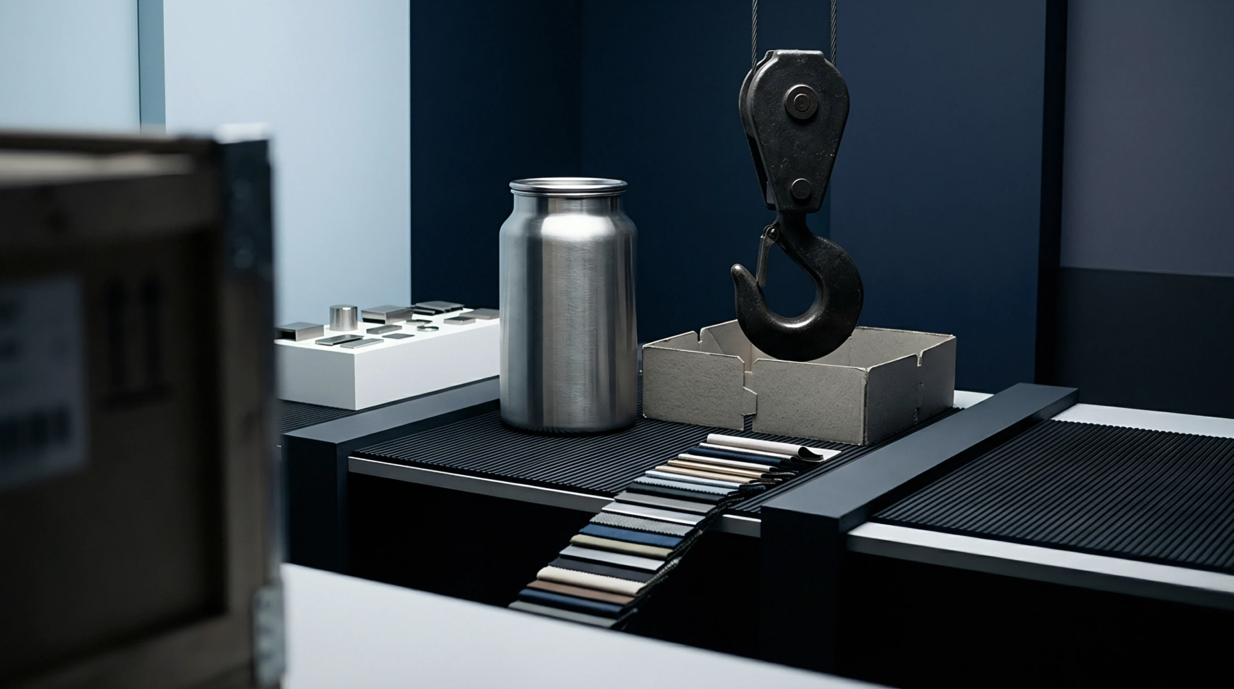 An industrial render shows a dual conveyor system supporting a metal canister and a cardboard tray below a hoist hook.