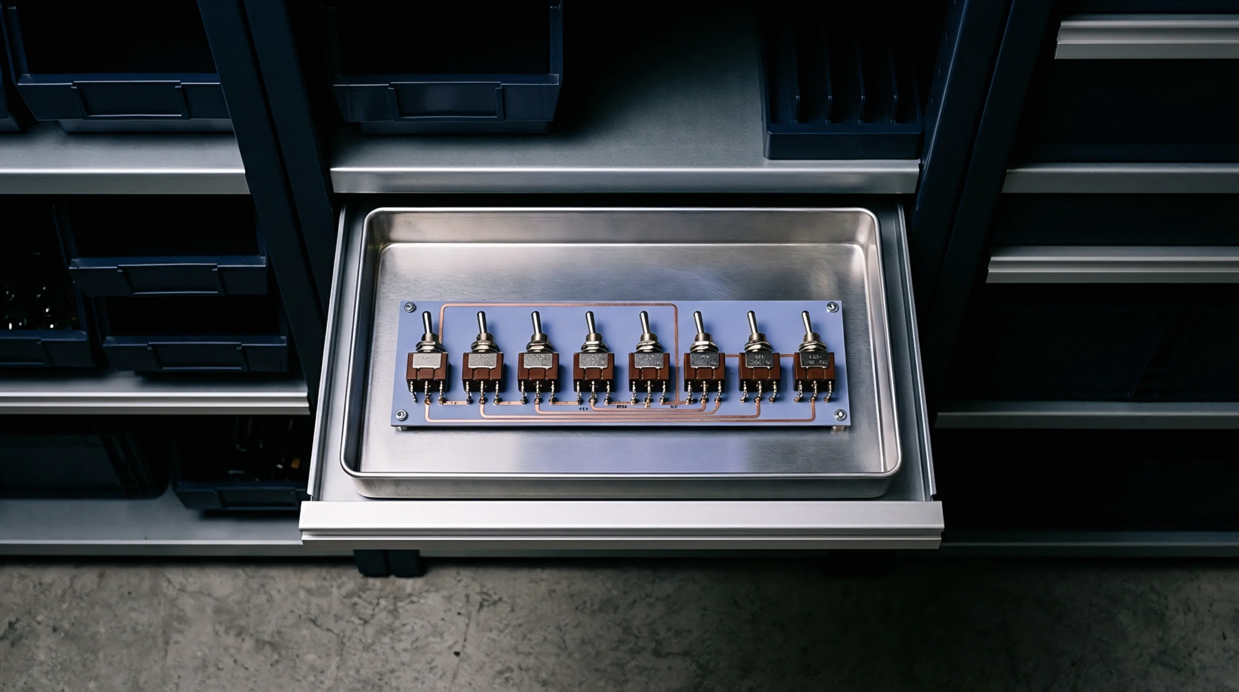 Eight toggle switches mounted on a lilac board rest inside a shallow metal tray within an open industrial storage drawer.
