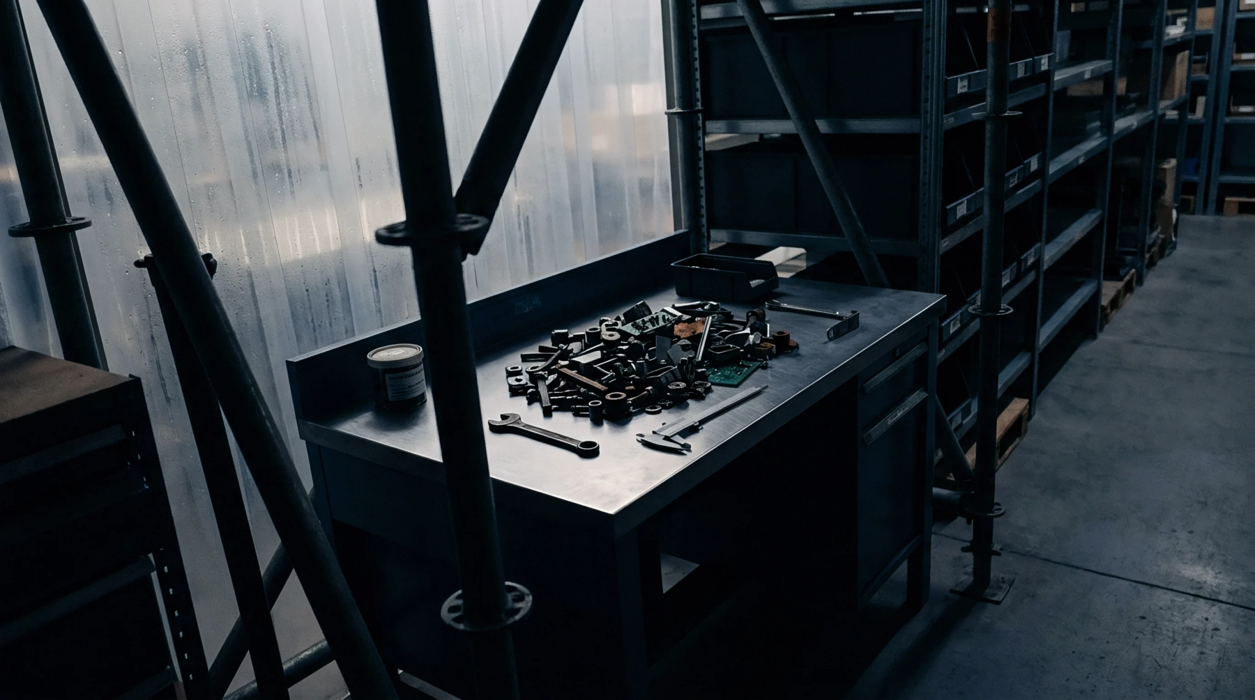 Metal workbench displays assorted hardware components alongside mechanical wrenches and measuring calipers inside a dimly lit industrial facility with storage shelving.