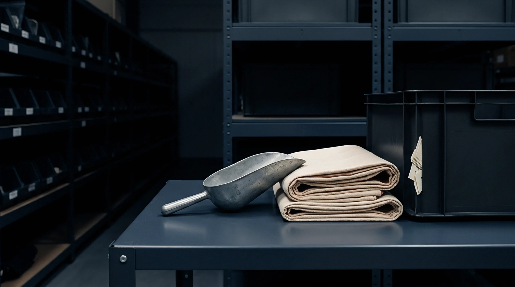 An aluminum scoop rests beside stacked textile material on a dark workbench within an organized industrial storage facility.