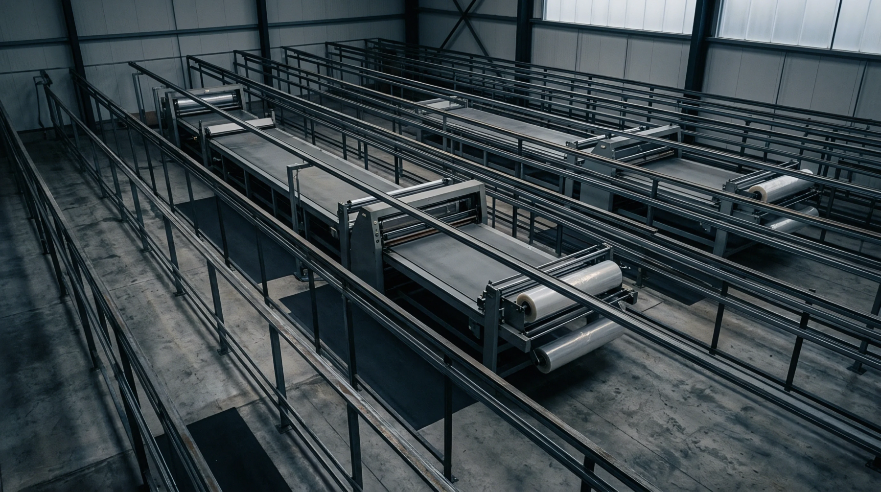 Multiple steel conveyor lines equipped with rollers and plastic film rolls extend across a vast concrete industrial warehouse floor.