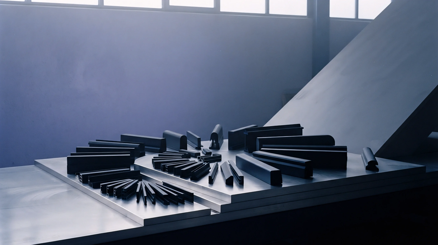Various black industrial polymer extrusion profiles rest on a tiered metallic work surface within a brightly lit production facility.