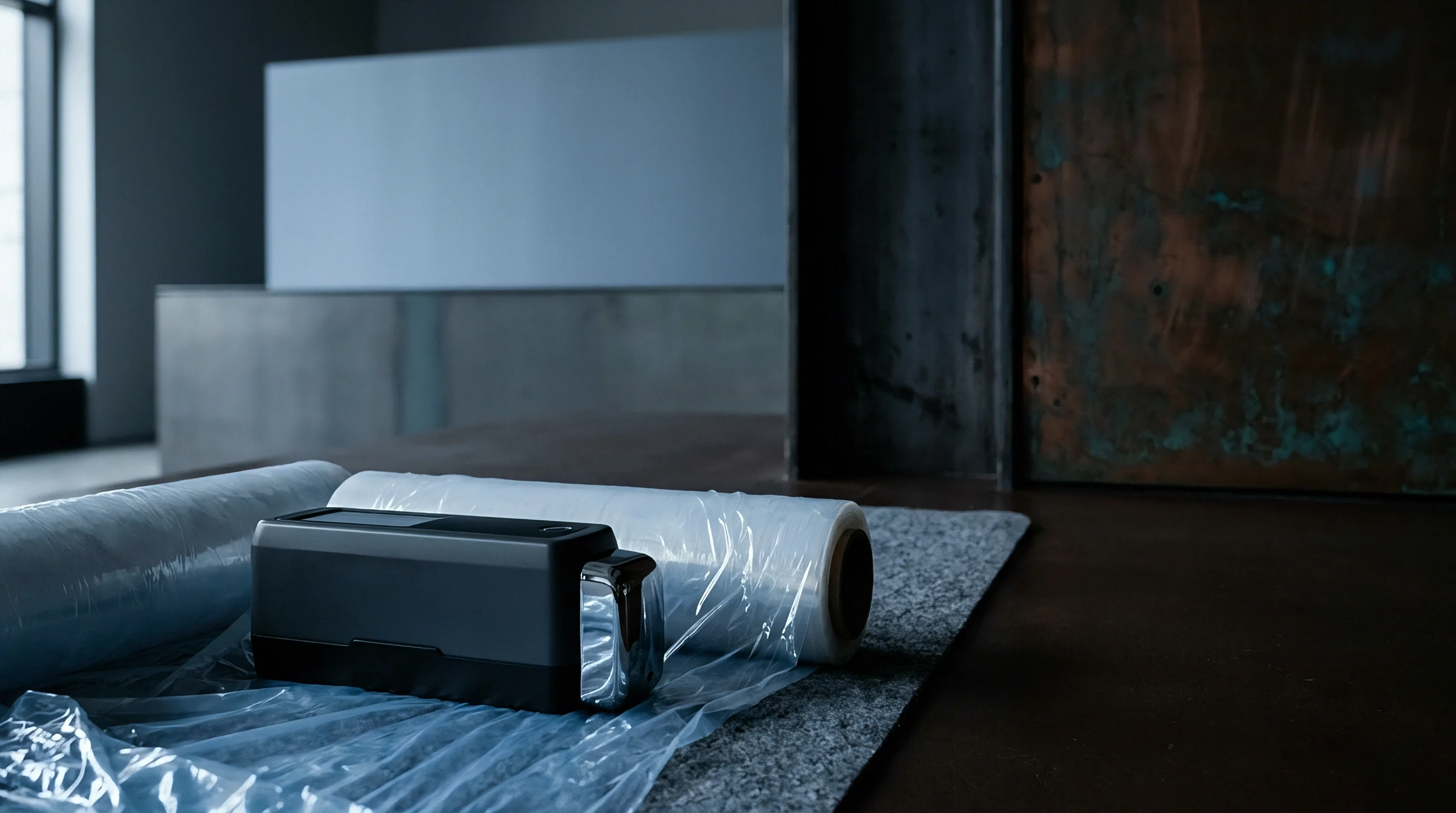 A portable power device rests on a textured surface beside rolls of clear plastic wrap and sheeting in an industrial setting.