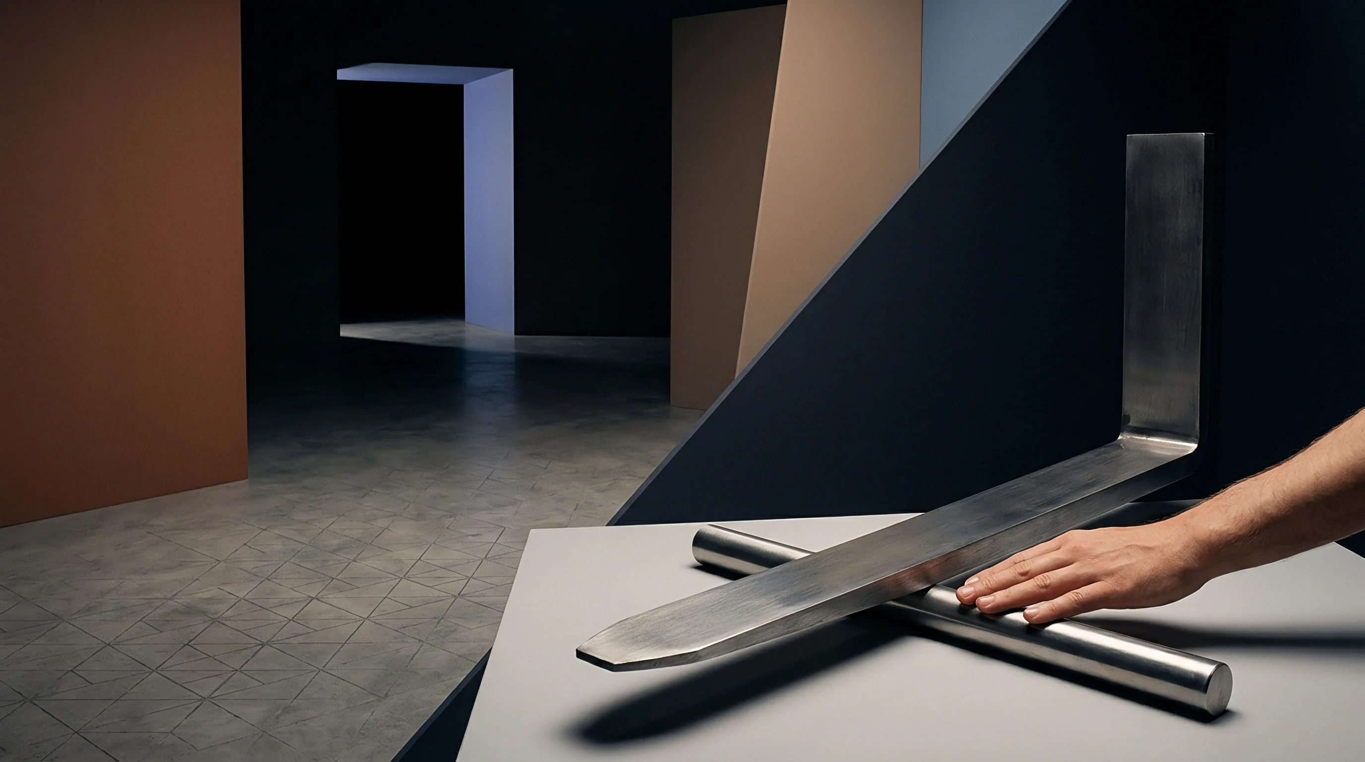 A hand rests on an L shaped metal bar balanced over a cylindrical rod situated upon a flat gray workshop platform.