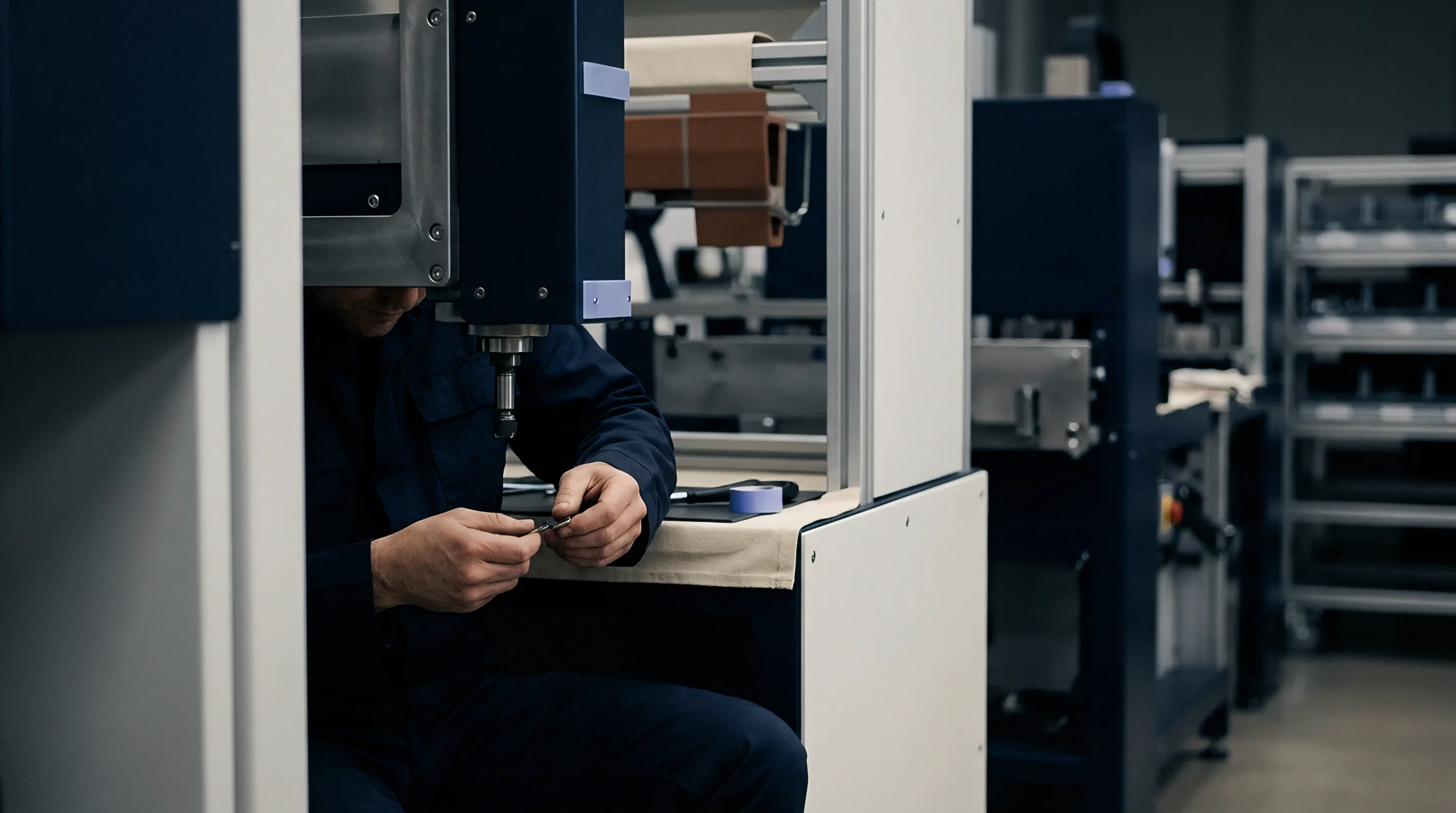 A technician in navy coveralls sits at a modular workstation holding a small metal component next to a vertical drill spindle.