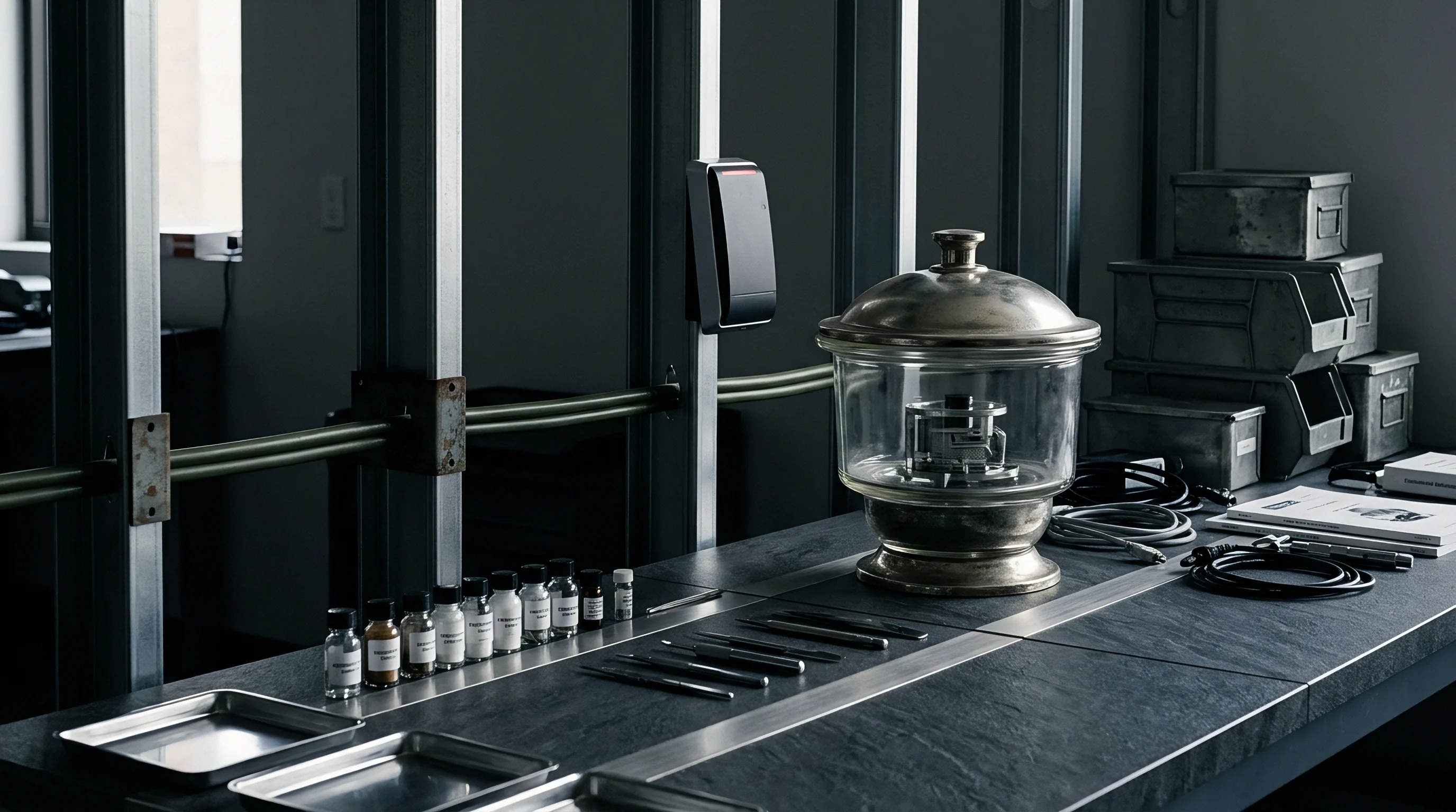 A specialized workstation displays a glass desiccator chamber alongside metallic vials tweezers and storage bins on a slate work surface.