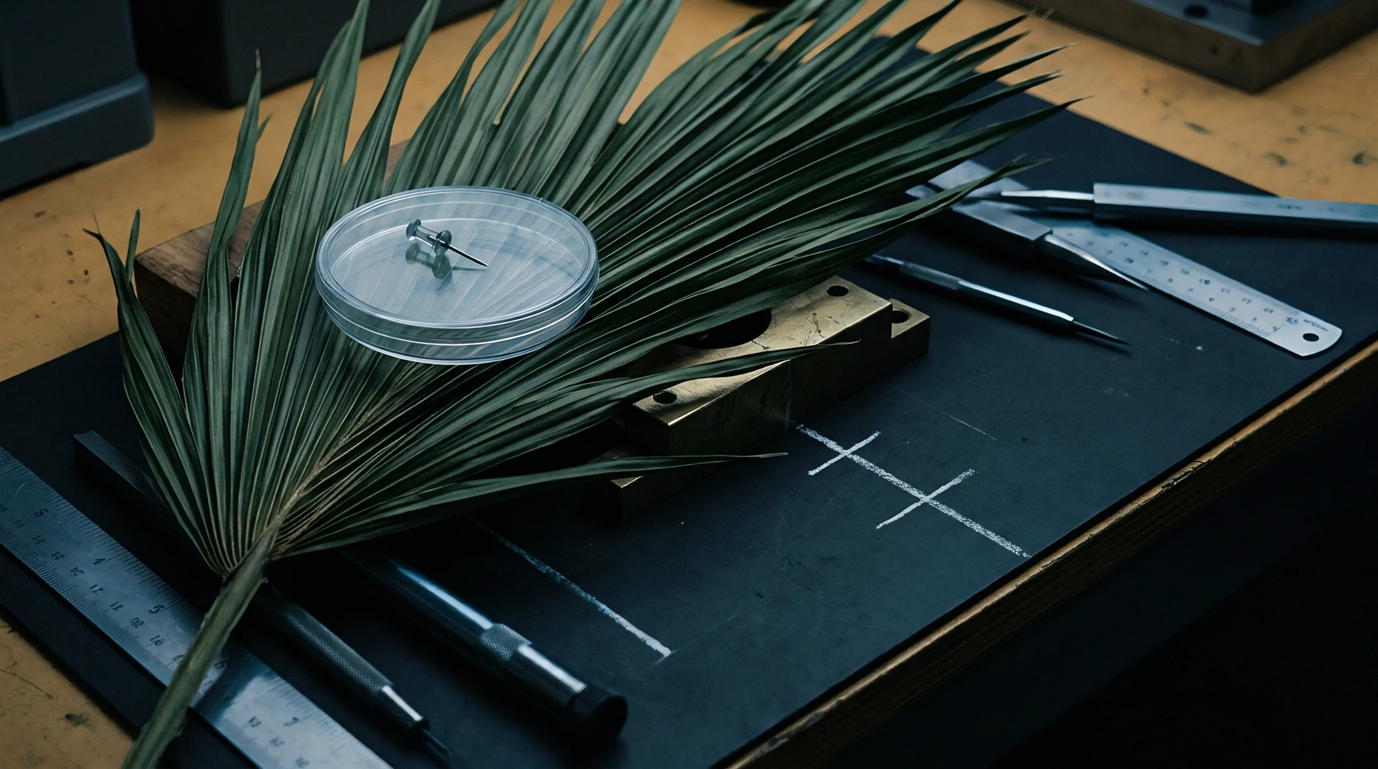 A palm frond rests beside precision measurement tools including metal rulers and calipers on a black workstation mat.