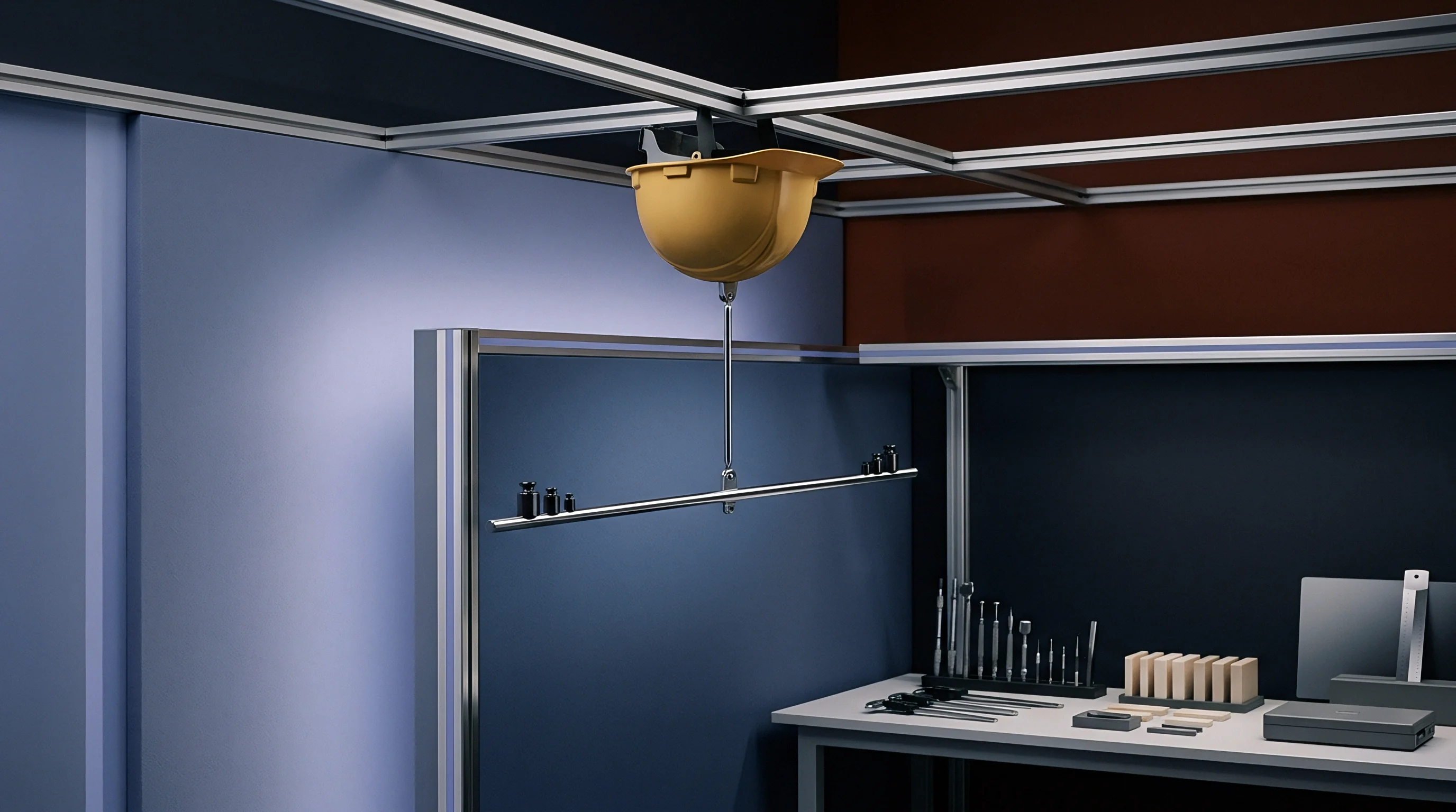 Aluminum ceiling extrusion suspends a safety helmet attached to a weighted metal rod above a workbench featuring various metrology tools and alignment blocks.