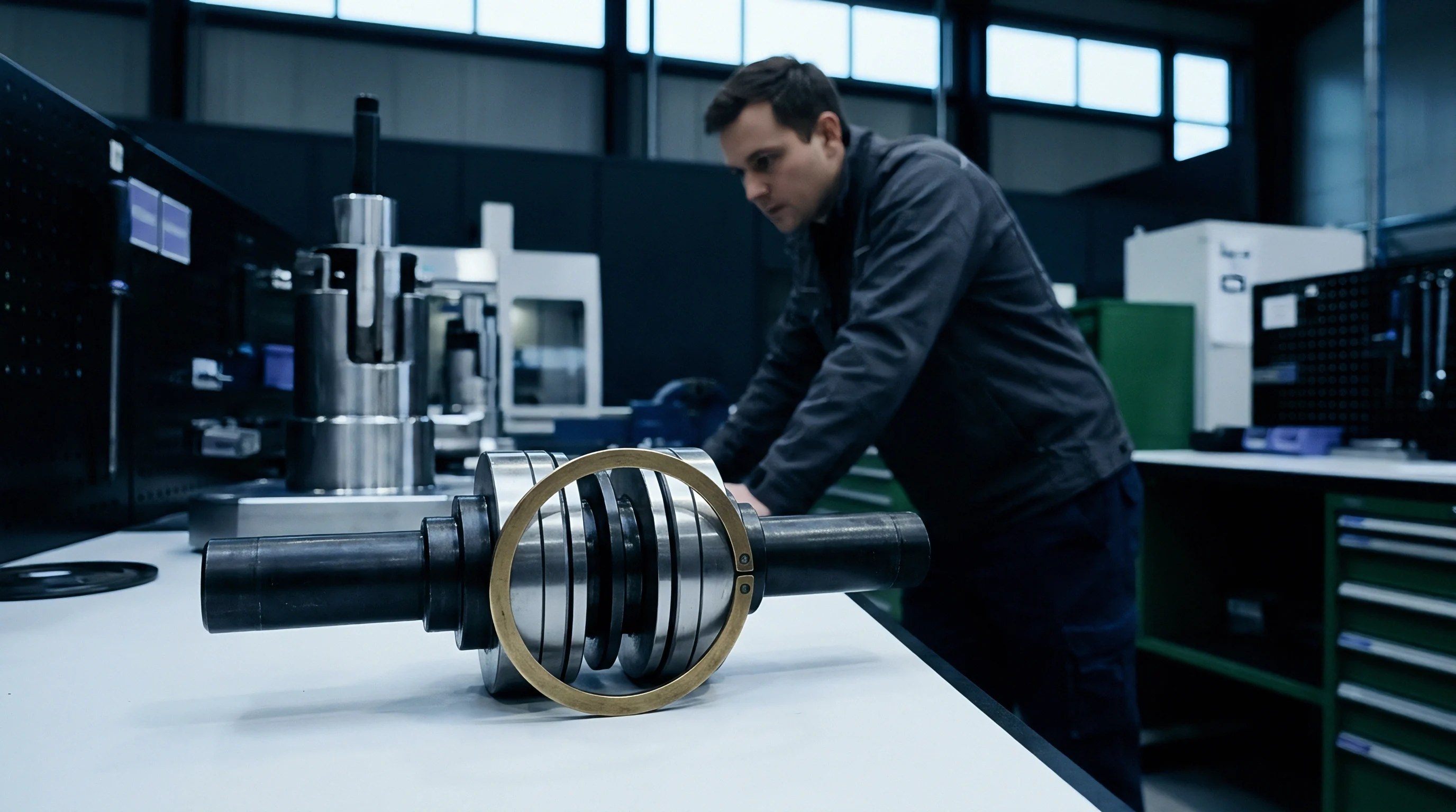 Technician evaluates machined metal assembly on workshop workbench near specialized tooling within high volume industrial production environment.