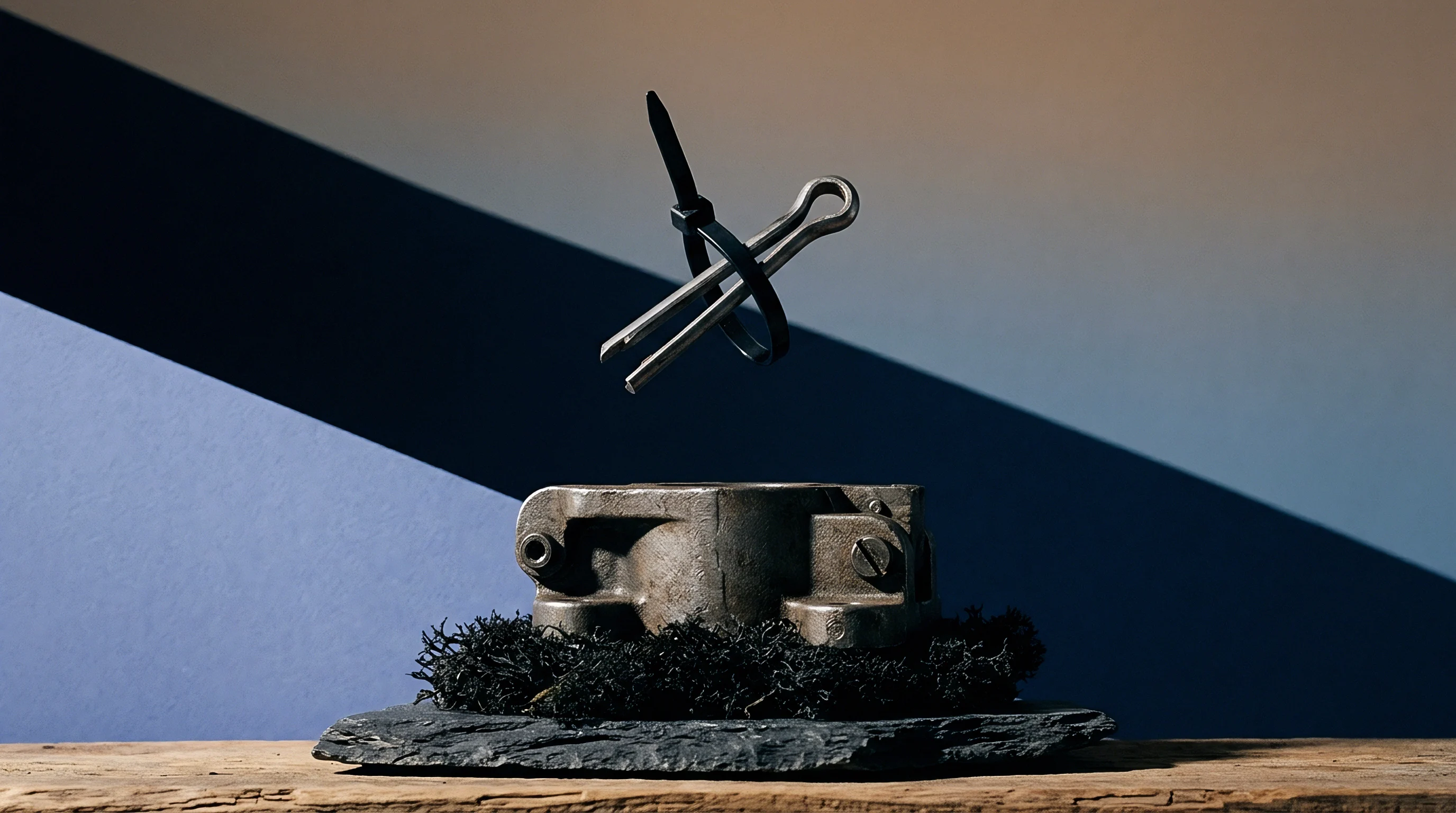 Suspended steel fasteners and a polymer tie hover above a machined metal housing mounted on textured slate inside a modular workshop studio.