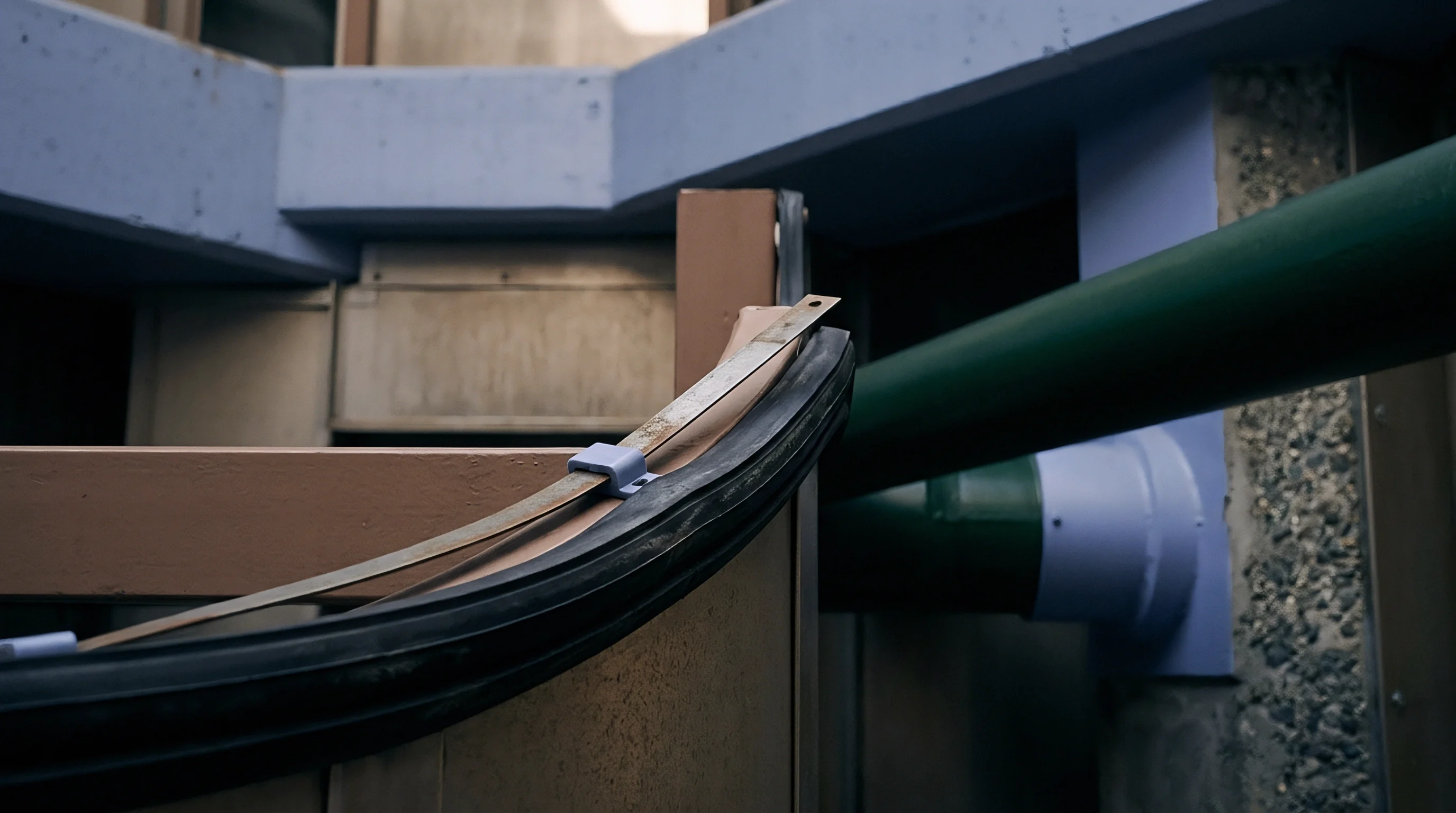An arc shaped metal track fitted with a black rubber seal sits above tan panels near green and blue industrial piping.