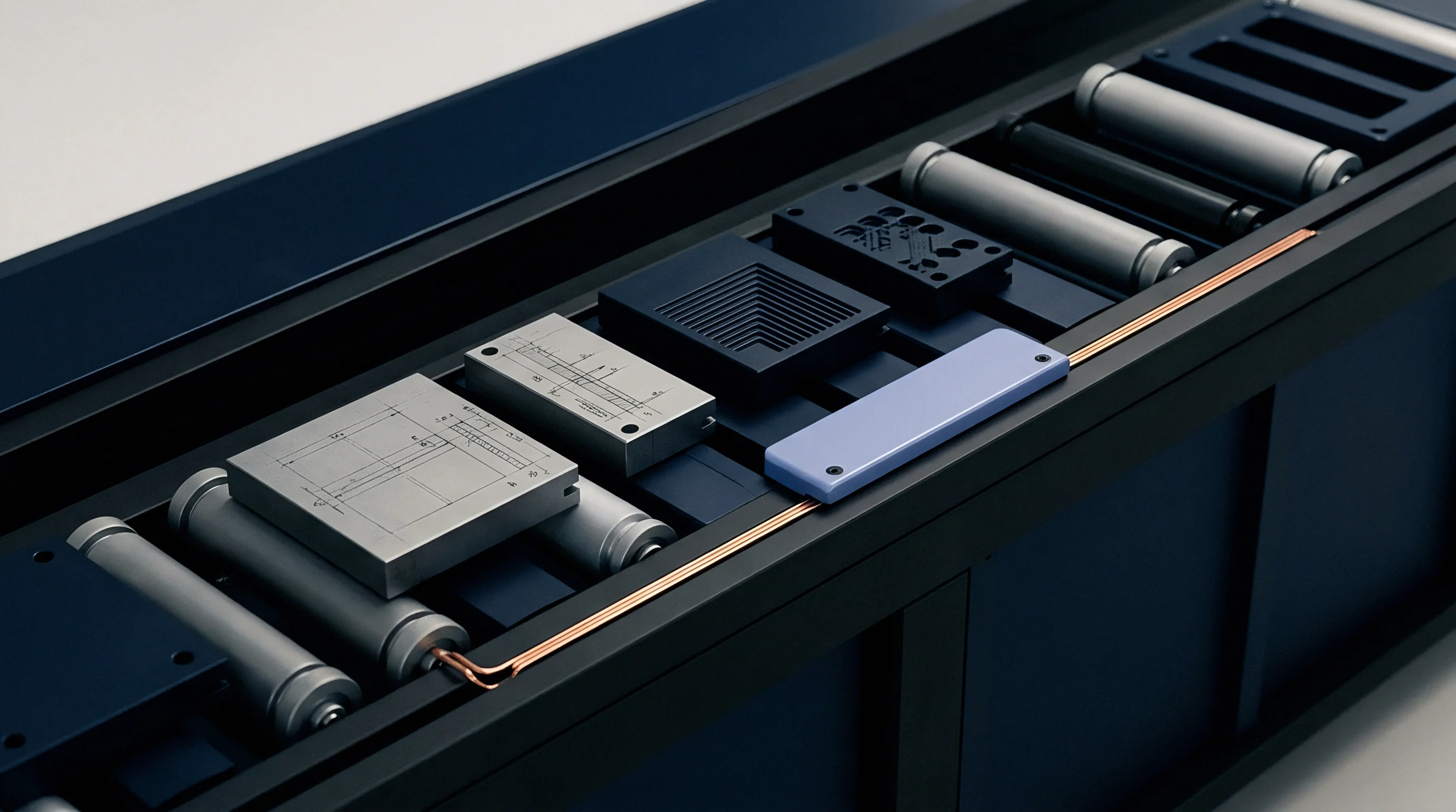 Machined blocks with technical diagrams and ridged modules rest on silver industrial rollers in a dark blue digital render of modular assembly equipment.