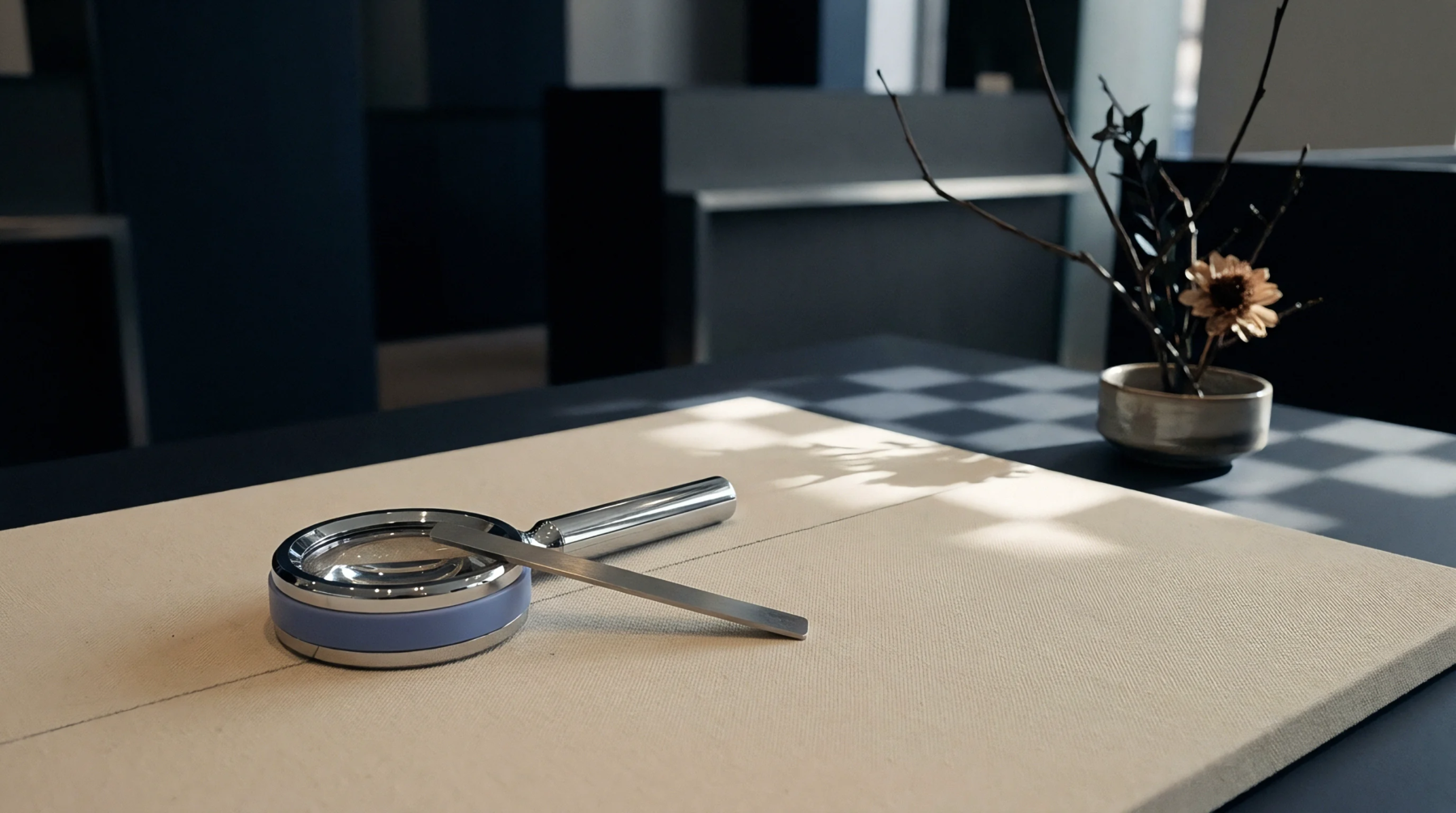 Stainless steel magnifying glass and thin metal probe lie on a textured beige canvas board atop a dark industrial table.