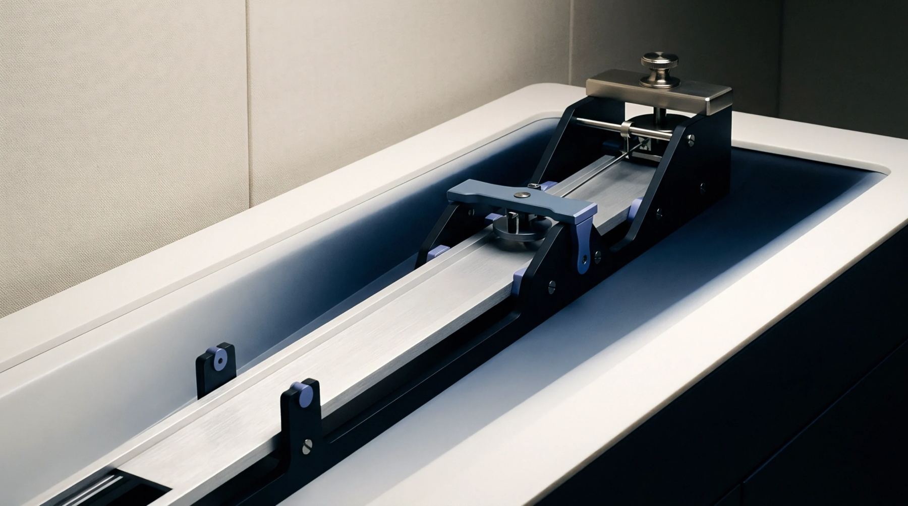 A precision mechanical test bench featuring extruded aluminum rails, sliding carriages, and calibrated weights operates within an industrial laboratory environment.