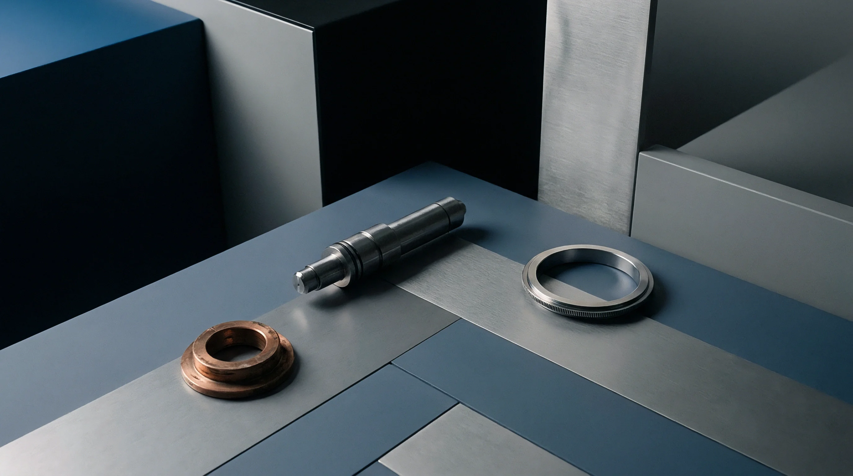 A digital render displays three precision machined metal components resting on interlocking geometric slabs of blue and grey industrial material.